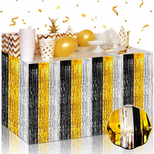 3 Pack 29 x108 Inch Black Gold Silver Foil Fringe Table Skirts Metallic Banner for Tinsel Streamer Garland Backdrop for Parade Floats Wedding Thanksgiving Birthday Christmas New Year Party Decoration
