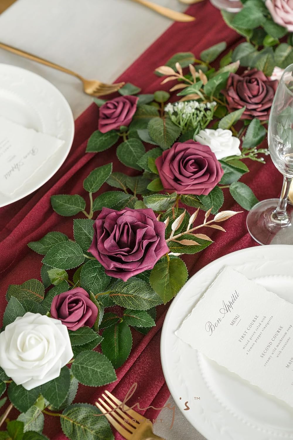 Ling's moment 5FT Burgundy Artificial Flower Garland Dusty Rose Leaves Floral Garland Arch Flowers Vine for Wedding Party Backdrop Decor Mantel Home Table Centerpieces Wall Decorations