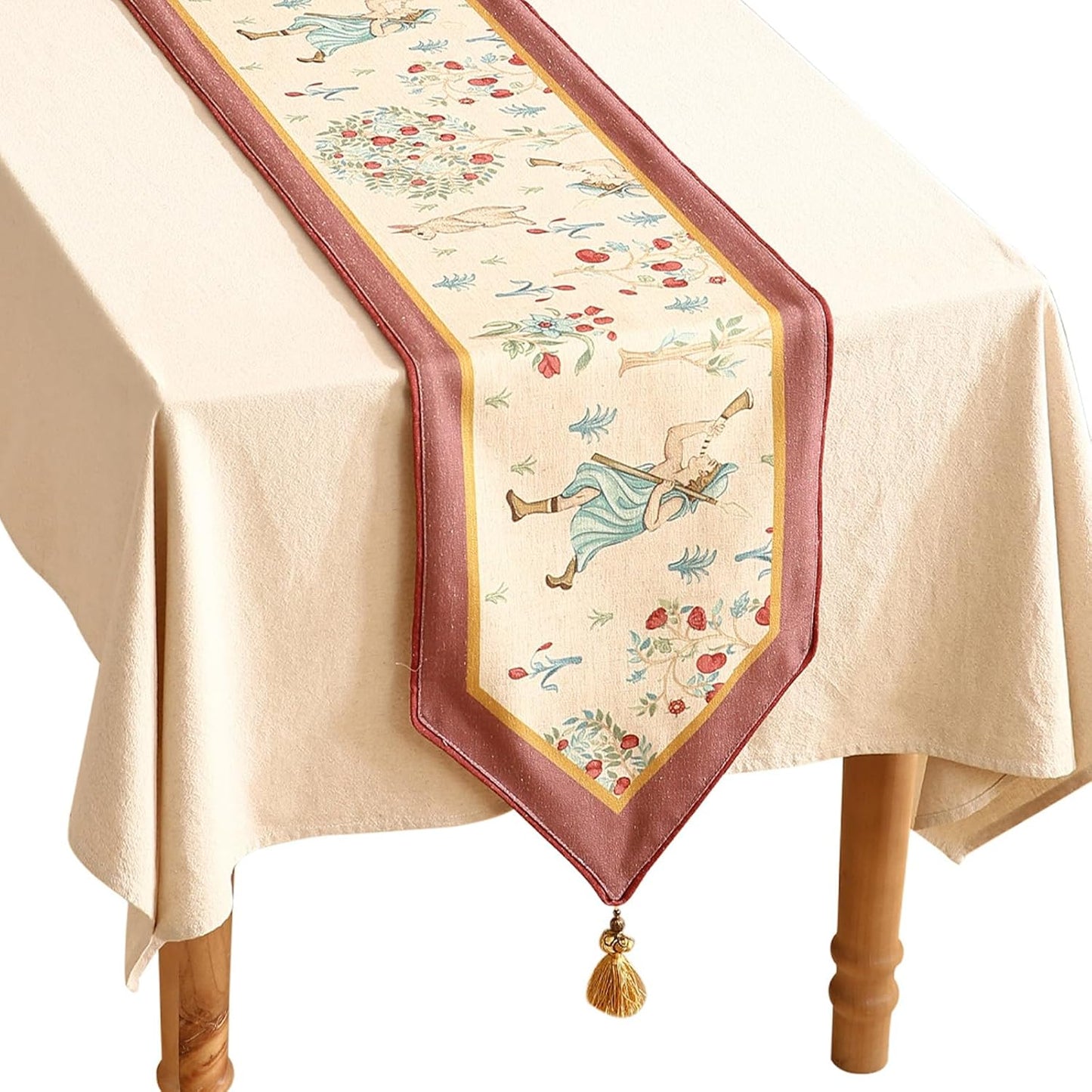 patdrea Designer Idyll Linen Table Runner, Vintage Beige Farmhouse with Ancient Spring Figure and Fruit Trees Pattern Table Mat, Decoration for Kitchen Dining Banquet Christmas ,12"*71"