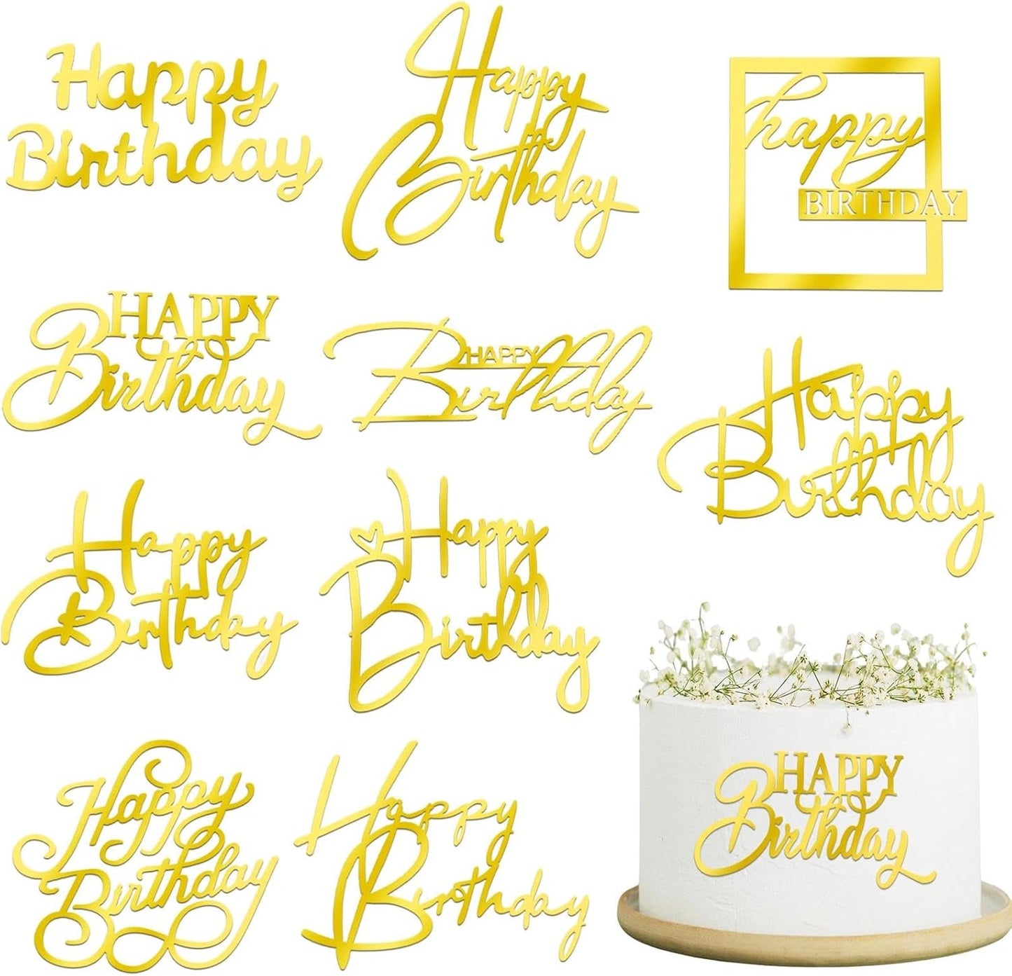 10 PCS Gold Happy Birthday Cake Topper Mirror Acrylic Cake Toppers Double-Sided Glitter Birthday Decorations for Girls Women's Party Supplies