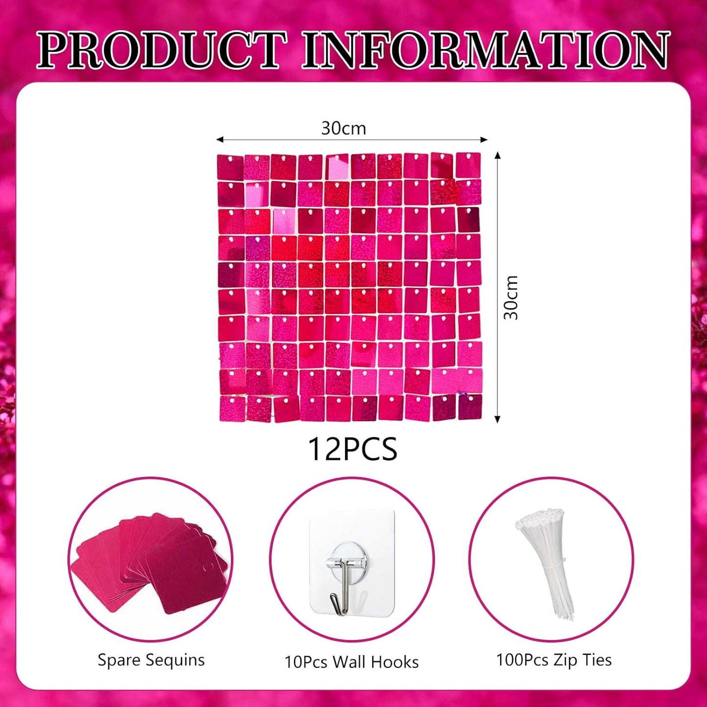 12PCS Fuchsia Shimmer Wall Backdrop, Laser Square Sequin Photo Backdrops Panel, Glitter Wall Background for Birthdays, Weddings, Christmas, Engagements, Disco Bachelorette Party Decoration (3FTx4FT)