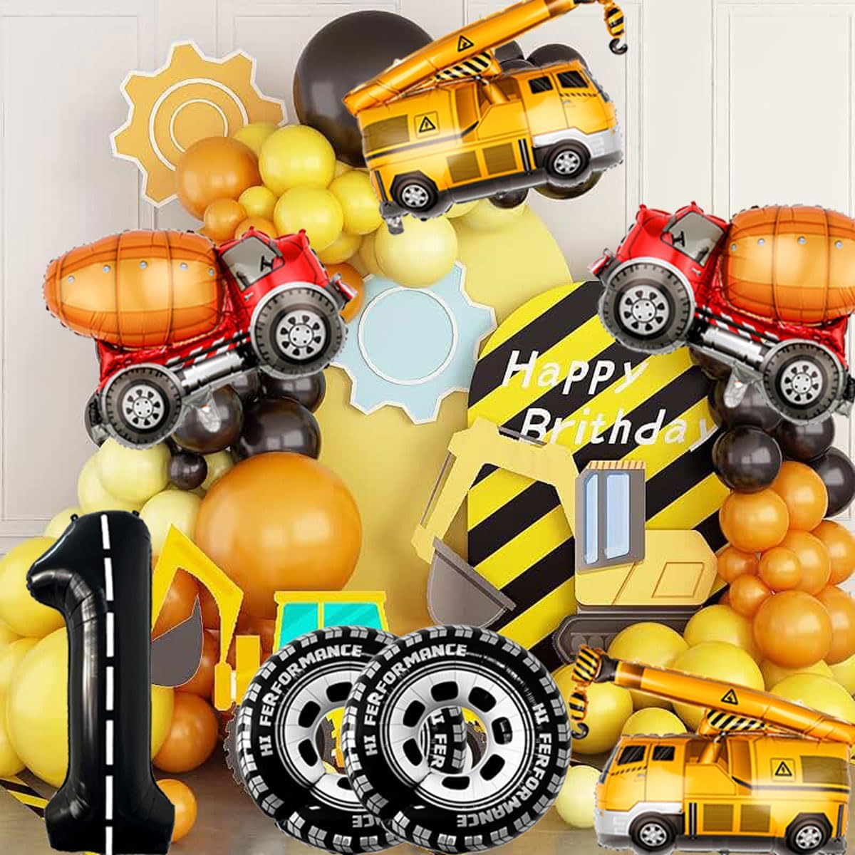 1st Birthday Decorations for Boys Construction Balloons 40inch Number 1 Balloons Truck Foil Balloon for Construction Birthday Party Decorations Supplies