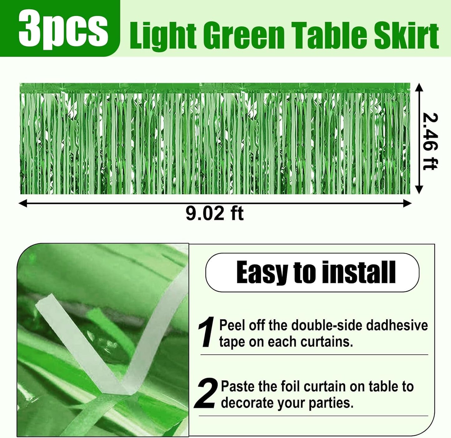 3 Pack 29x108 Inch Light Green Foil Fringe Table Skirts Metallic Banner for Tinsel Streamer Garland Backdrop for Parade Floats Wedding Thanksgiving Birthday Christmas Halloween Party Decoration