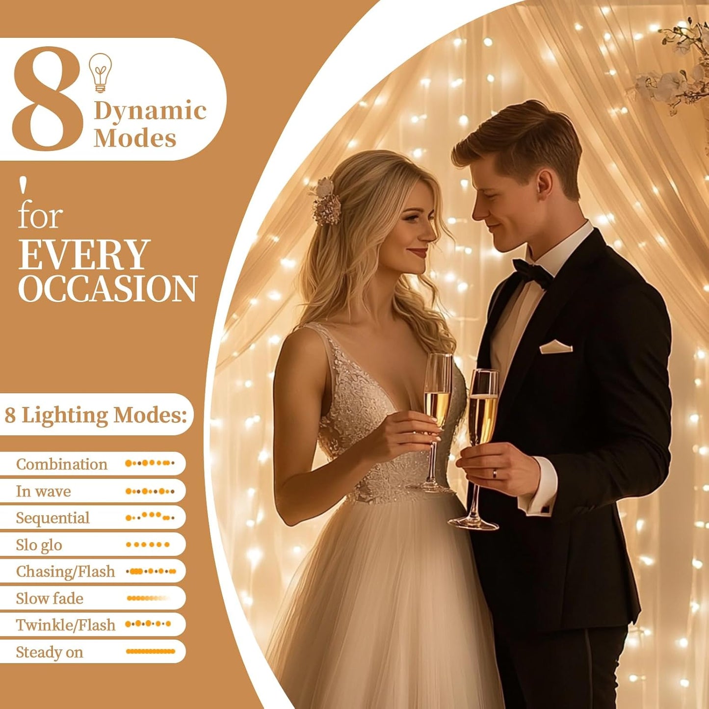 10x10ft Champagne Tulle Backdrop Curtain with String Lights, Wrinkle-Free Sheer Wedding Backdrop for Birthday Parties, Baby Shower, Bridal Shower, Photo Shoots and Home Decorations, Champagne