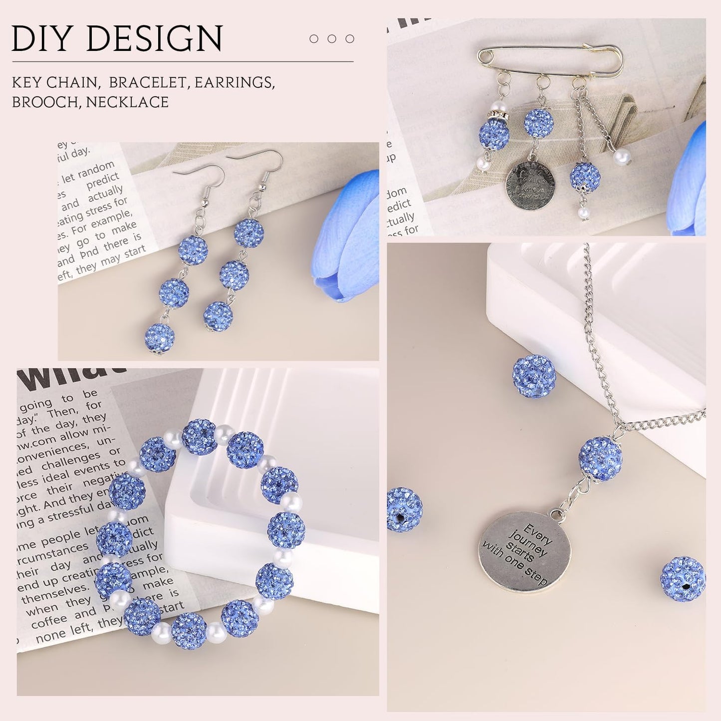 100 pcs 10mm Rhinestone Beads for Jewelry Making, Light Blue Shiny Round Shamballa Disco Beads Bulk, Sparkle Crystal Clay Christmas for Bracelet Baseball Necklace Earring Crafting and DIY