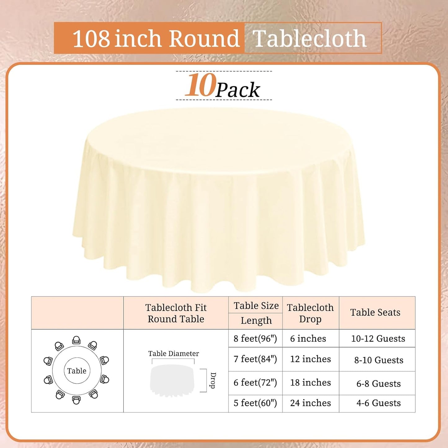 10 Pack Round Tablecloths - 108 Inch, Beige Polyester Table Cover for Round Tables, Stain and Wrinkle Resistant Washable Fabric Table Cloth, Polyester Tablecloth for Wedding Banquet Partie