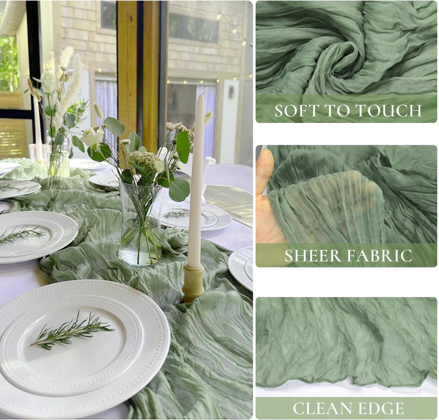 12 Pack Sage Green Table Runner Cheesecloth 35x120 Inch, 10Ft Boho Sheer Gauze Table Runner Cheese Cloth Runner for Wedding Baby Shower Fall Thanksgiving Home Decorations