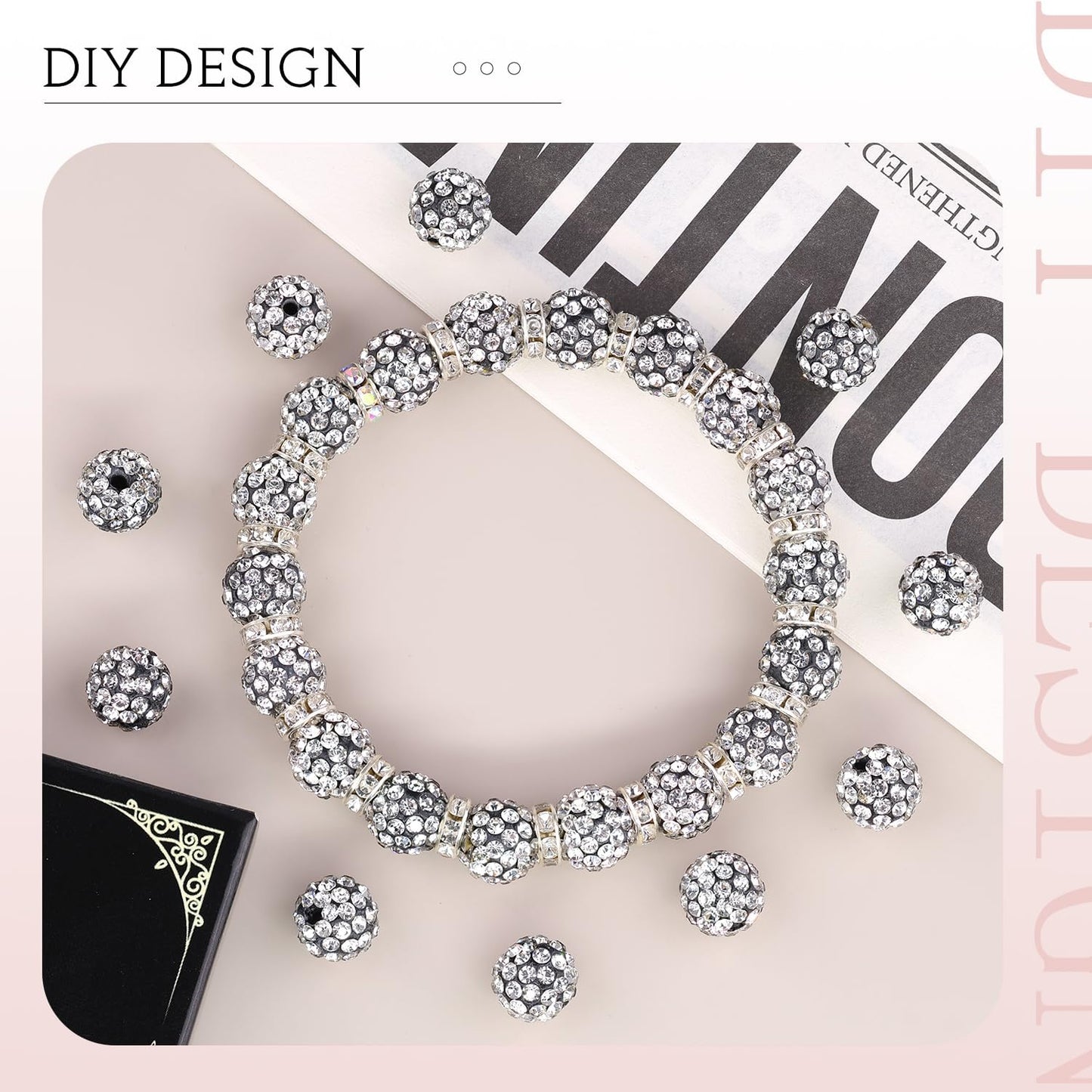 100pcs 10mm Rhinestone Beads for Jewelry Making, Black White Shiny Round Shamballa Disco Ball Beads, Sparkle Crystal Clay Christmas for Bracelet Baseball Necklace Earring Crafting and DIY