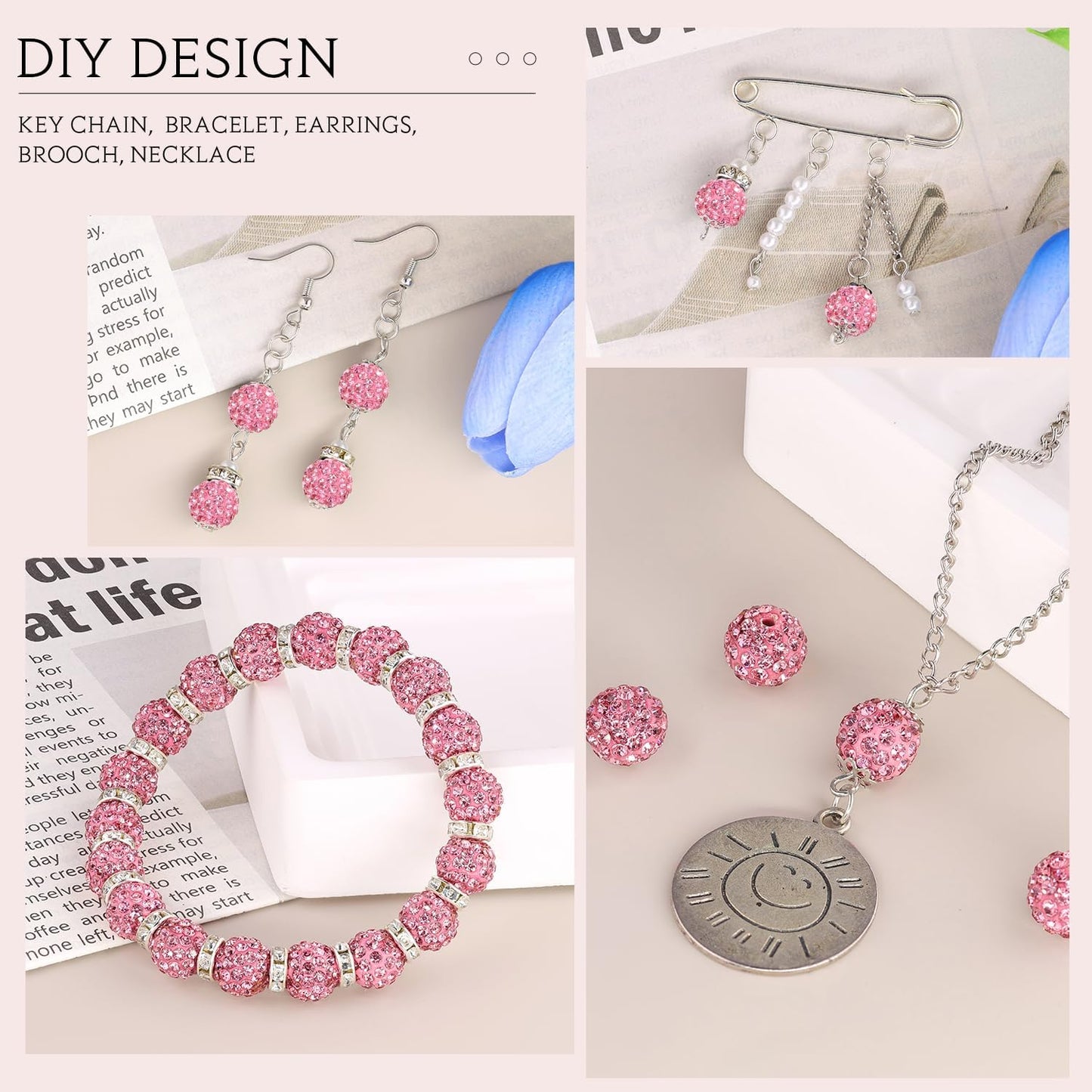 100pcs 10mm Rhinestone Beads for Jewelry Making, Dark Pink Shiny Round Shamballa Disco Ball Beads Bulk, Sparkle Crystal Clay Christmas for Bracelet Baseball Necklace Earring Crafting and DIY