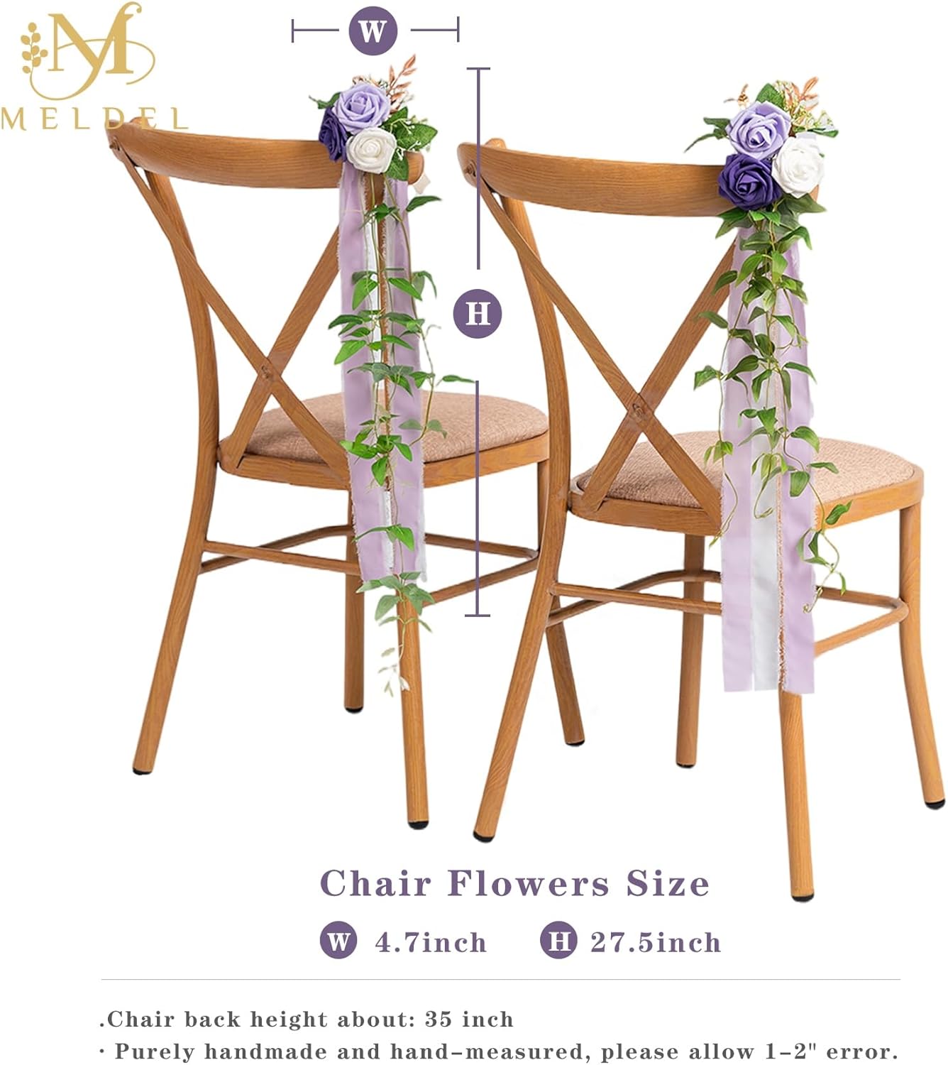 Meldel Wedding Chair Decorations Set of 10 Aisle Artificial Flowers White Puprle Rose Garland with Hanging Ribbons for Ceremony Reception Church Arrangement Party Wedding Decor