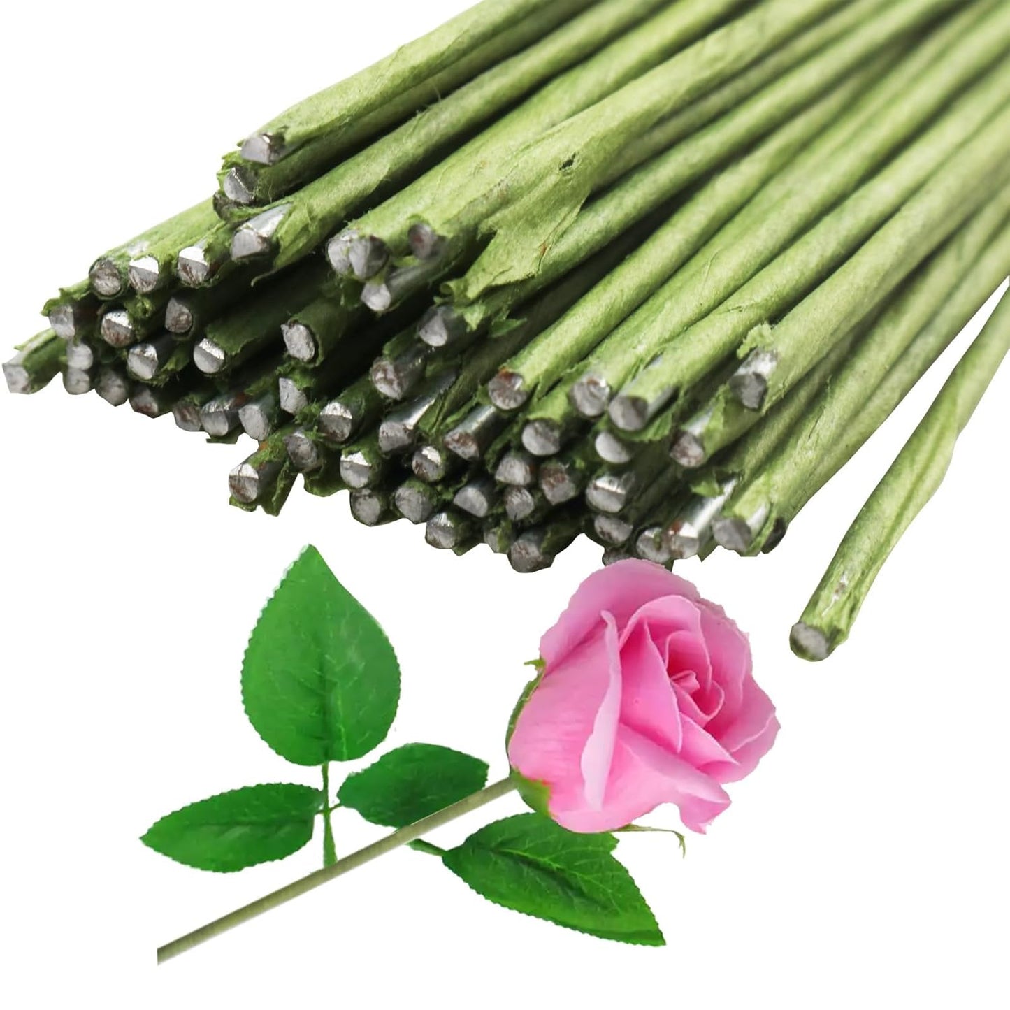 100 Pieces 18 Gauge Green Paper Covered Floral Wire Stems for DIY Crafts, Artificial Flower Arrangements 16 inch Paper Covered Floral Stems