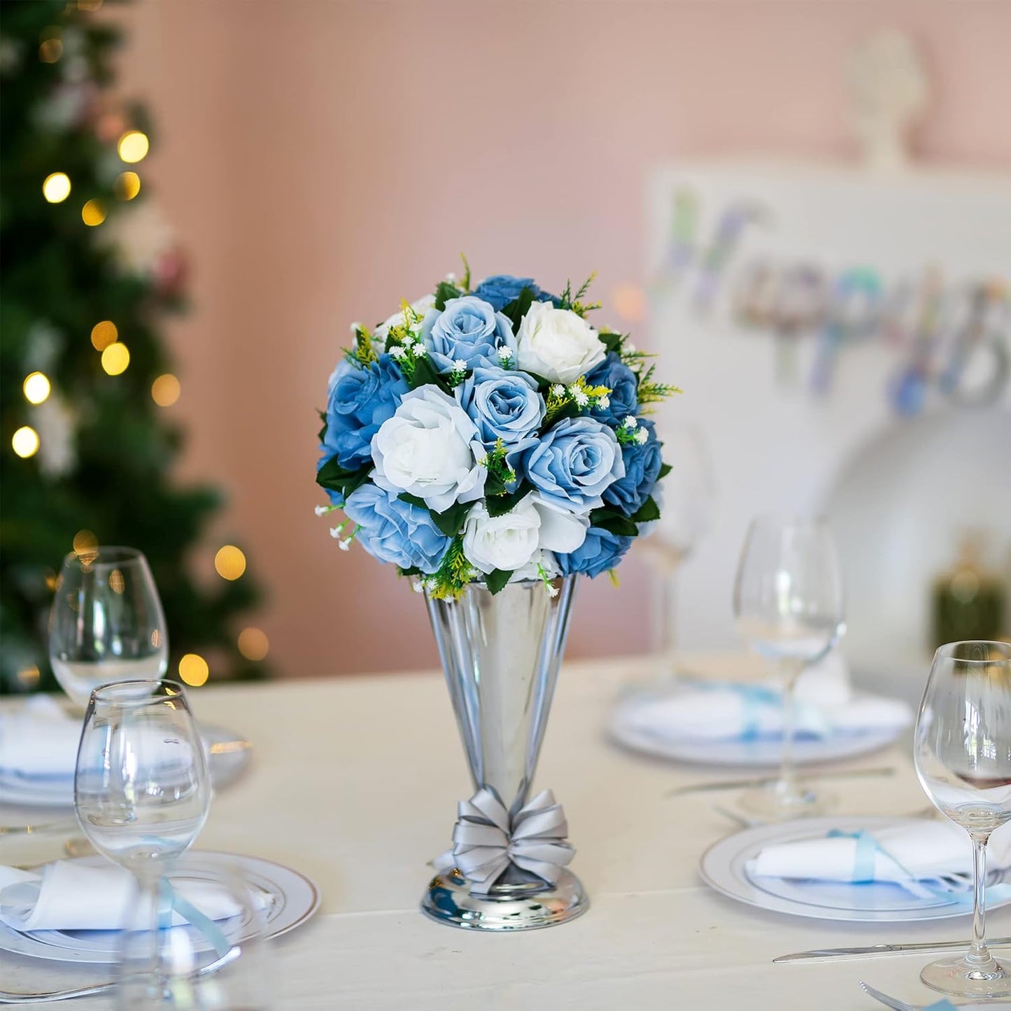 BLOSMON Flower Ball Centerpieces for Table 6 Pcs Fake Rose Centerpiece Flowers Dusty Blue Artificial Silk Floral Arrangement Center Piece Kissing Bouquet for Wedding Party Home Decor