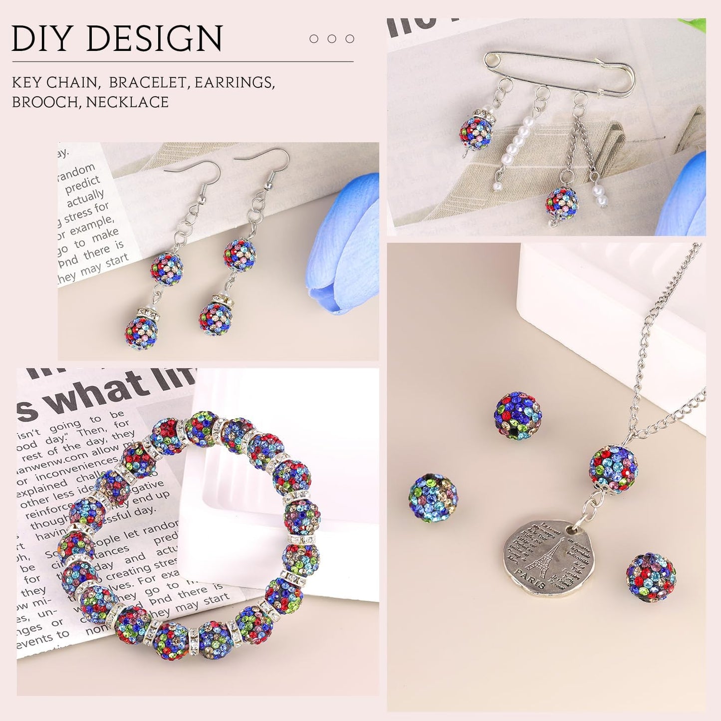 150pcs 10mm Rhinestone Beads for Jewelry Making, Black Mixed Shiny Round Shamballa Disco Beads Bulk, Sparkle Crystal Clay Christmas for Bracelet Baseball Necklace Earring Crafting and DIY