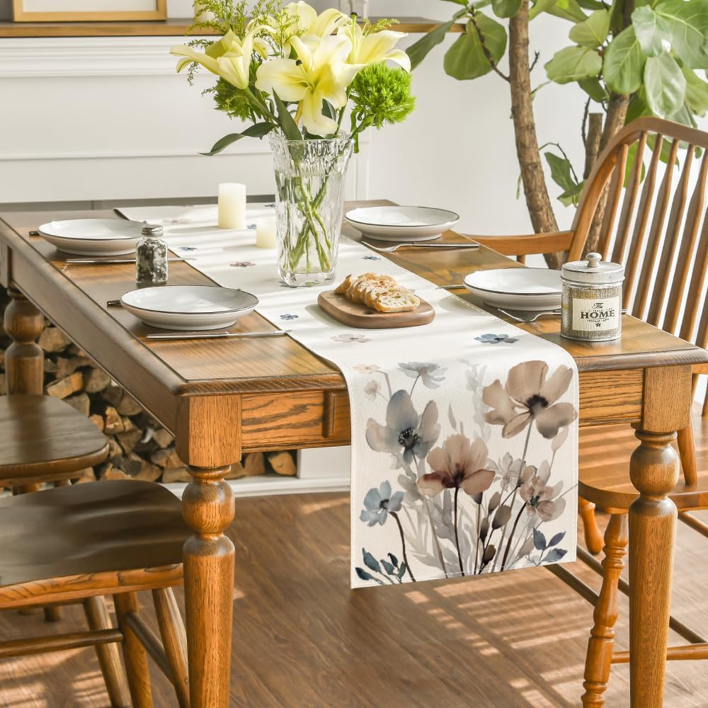 Artoid Mode Brown Poppy Floral Leaves Spring Table Runner, Seasonal Summer Kitchen Dining Table Decoration for Home Party Decor 13x48 Inch