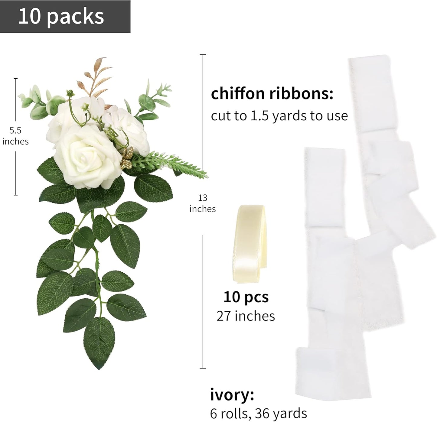 Wedding Aisle Decorations for Wedding Ceremony Set of 10 Pew Flowers for Church Chair Decorations Party Decor with Artificial Flowers Eucalyptus and Ribbons White