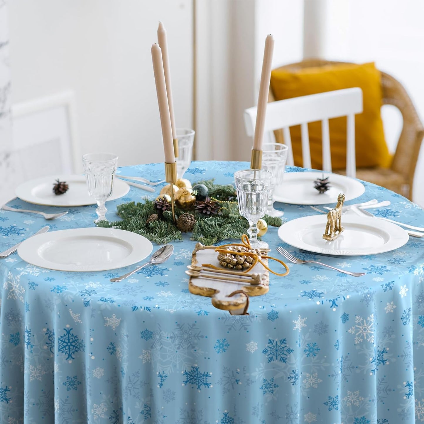 12 Pcs Christmas Snowflake Plastic Party Tablecloth Decorations,Disposable Light Blue Snowflake Round Table Cover Backdrop for Winter Onederland Christmas Holiday Party Supplies,84 inch (Light Blue)