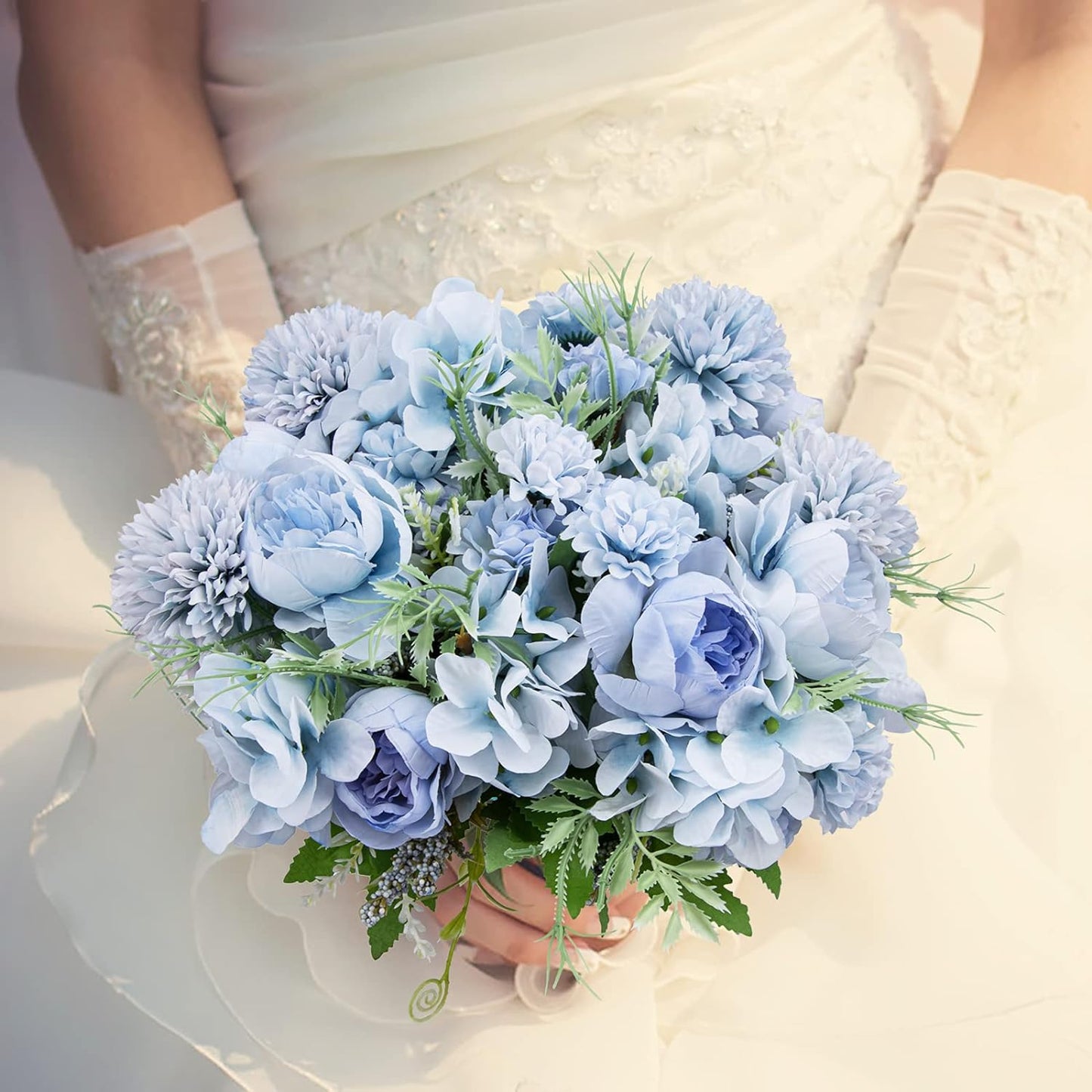 6 Pack Artificial Flowers, Fake Faux Peony Silk Hydrangea Plastic Carnations Daisy Realistic Flower Arrangements for Wedding Decoration Table Centerpieces, for Home Office Party Decor (Blue)