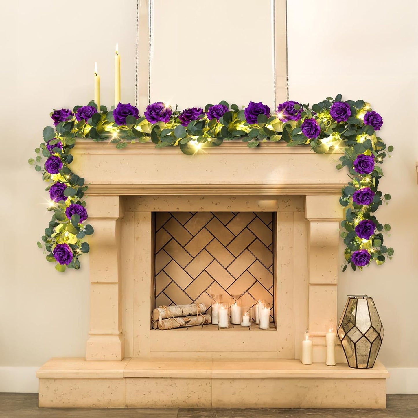 MACTING 6.6FT Flower Garland with Lights - Spring Gypsophila Eucalyptus Garland with 12 Purple Roses Artificial Floral Greenery Vine for Arch Table Centerpieces Backdrop Party Home Wedding Decor