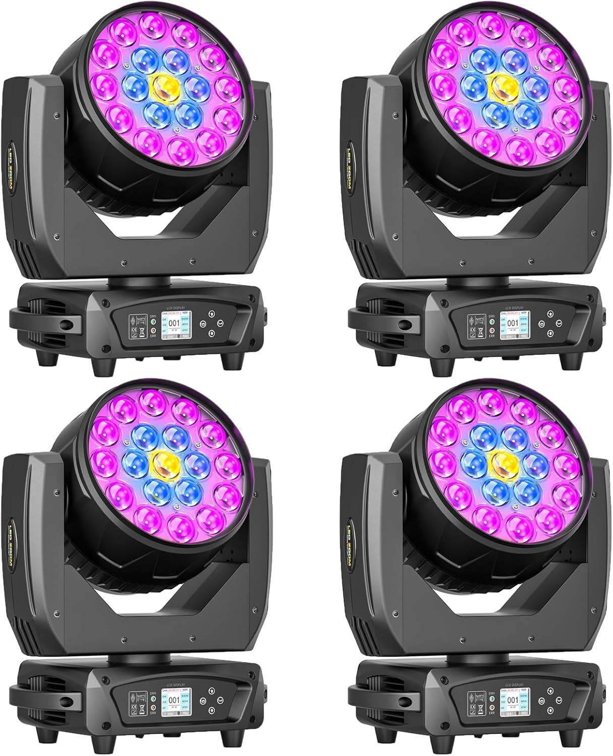 19x10W Moving Head Light Focusing/Beam/Wash/Zoom Effect Stage Lights 4-in-1 LED DMX512 & Sound Activated Control for DJ Disco Nightclub KTV Bar Theater Shopping Mall (4 PCS