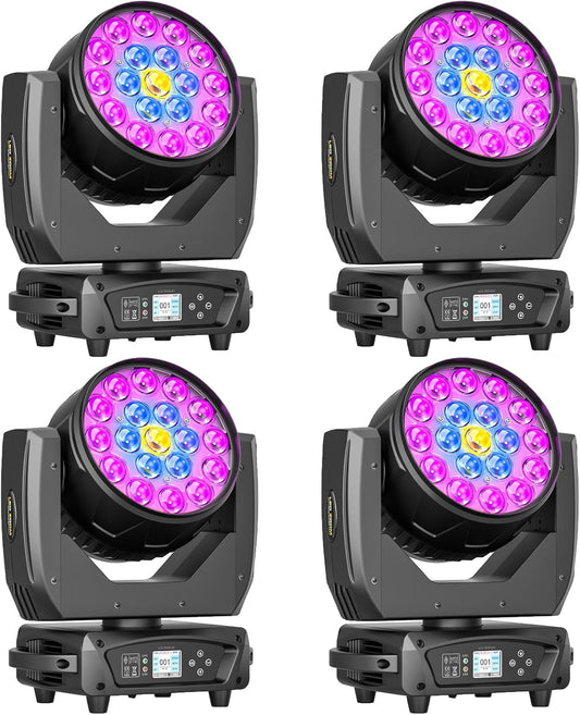 19x10W Moving Head Light Focusing/Beam/Wash/Zoom Effect Stage Lights 4-in-1 LED DMX512 & Sound Activated Control for DJ Disco Nightclub KTV Bar Theater Shopping Mall (4 PCS