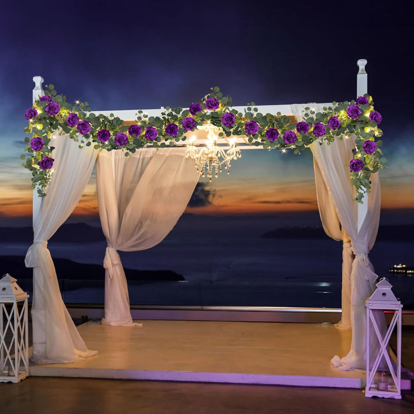 MACTING 2 Pack 13.2FT Eucalyptus Garland with Lights - Spring Gypsophila Flower Garlands with 24 Purple Roses Artificial Floral Greenery Vines for Arch Table Centerpieces Backdrop Party Wedding Decor