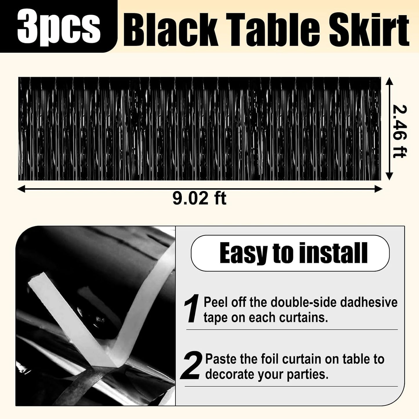 3 Pack 29x108 Inch Black Foil Fringe Table Skirts Metallic Banner for Tinsel Streamer Garland Backdrop for Parade Floats Wedding Thanksgiving Birthday Christmas Halloween Party Decoration