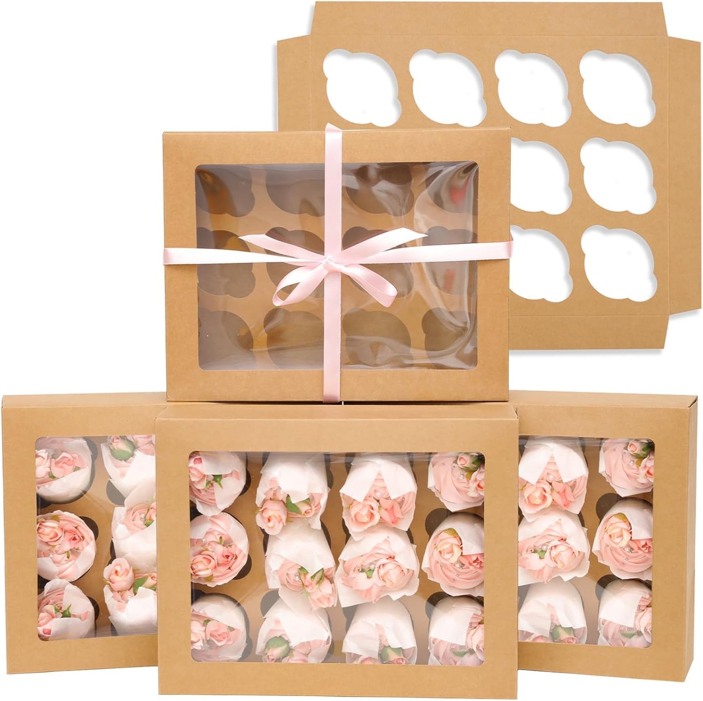 12 Cupcake Containers 20-Packs Brown 12 Count Cupcake Boxes with Window Cupcakes Carrier, 13"x10"x3.5"（Auto-pop up）