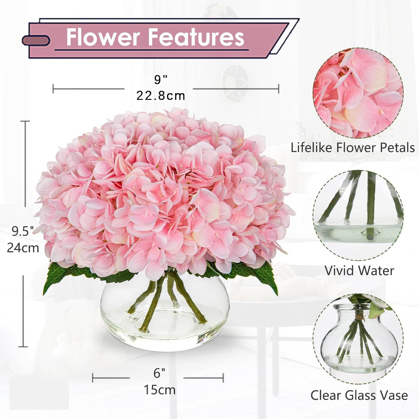 Hollyone Hydrangea Artificial Flowers with Glass Vase Pink Silk Faux Flowers Arrangements with Clear Faux Water Fake Floral Bulk Bouquet for Home Decor Table Centerpiece Decorations