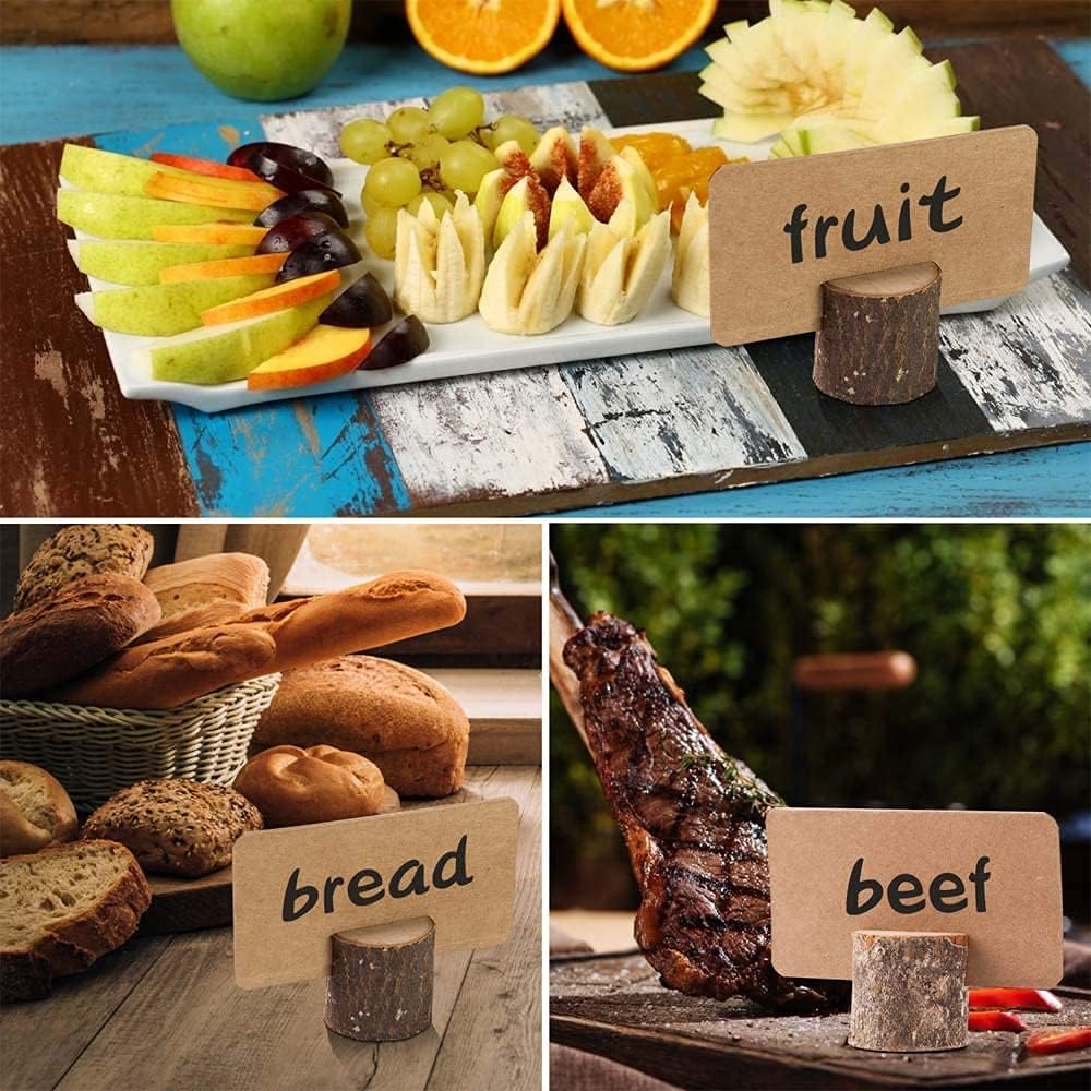 10Pcs Wood Place Card Holder Rustic Wood Table Numbers Holder with 20Pcs Kraft Table Place Cards Party Wedding Table Name Card Holder Memo Note Card