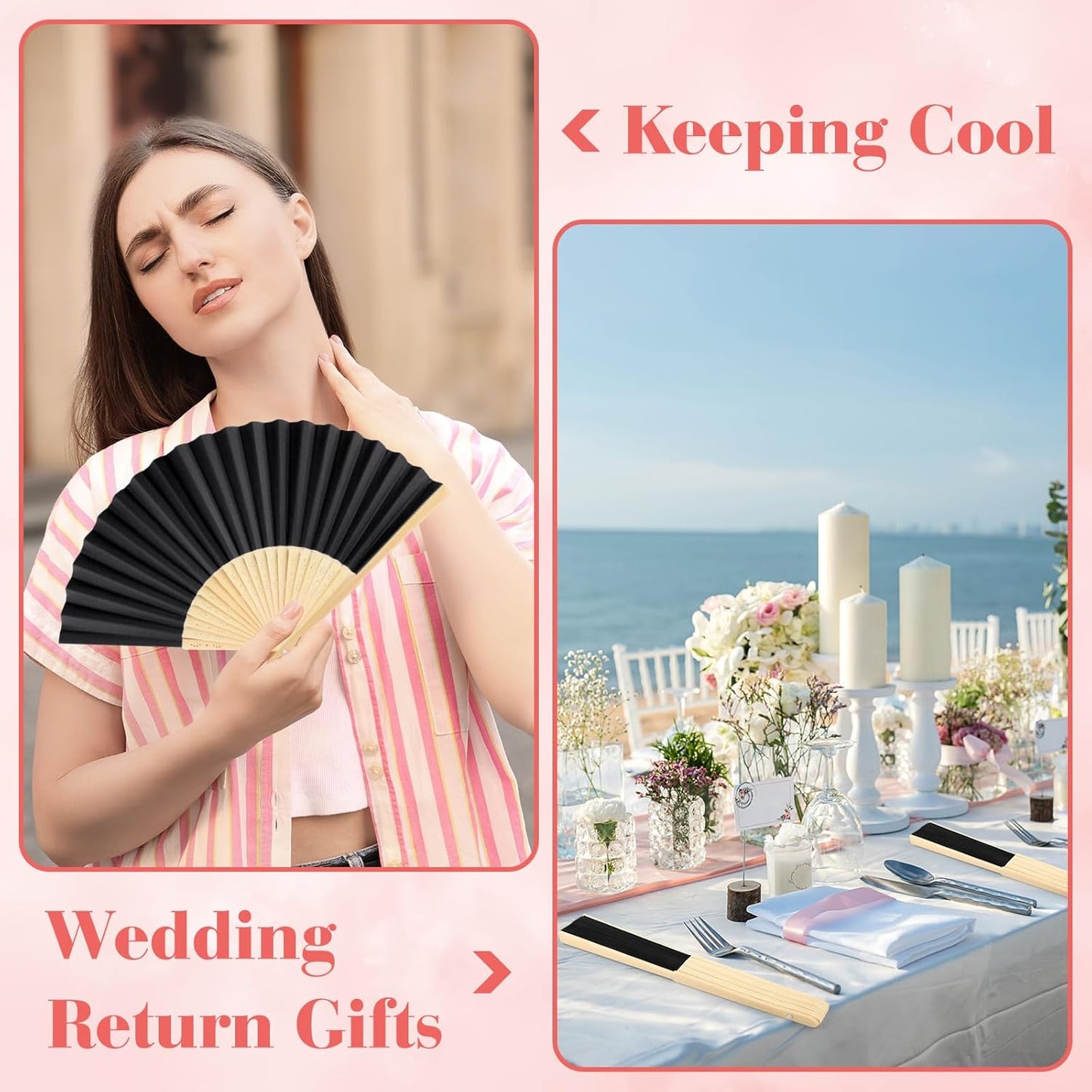 12 Pieces Black Hand Held Bamboo Folding Fans Paper Fans Handheld for Women Foldable Girls Wedding Decoration Church Home Party Favors Summer