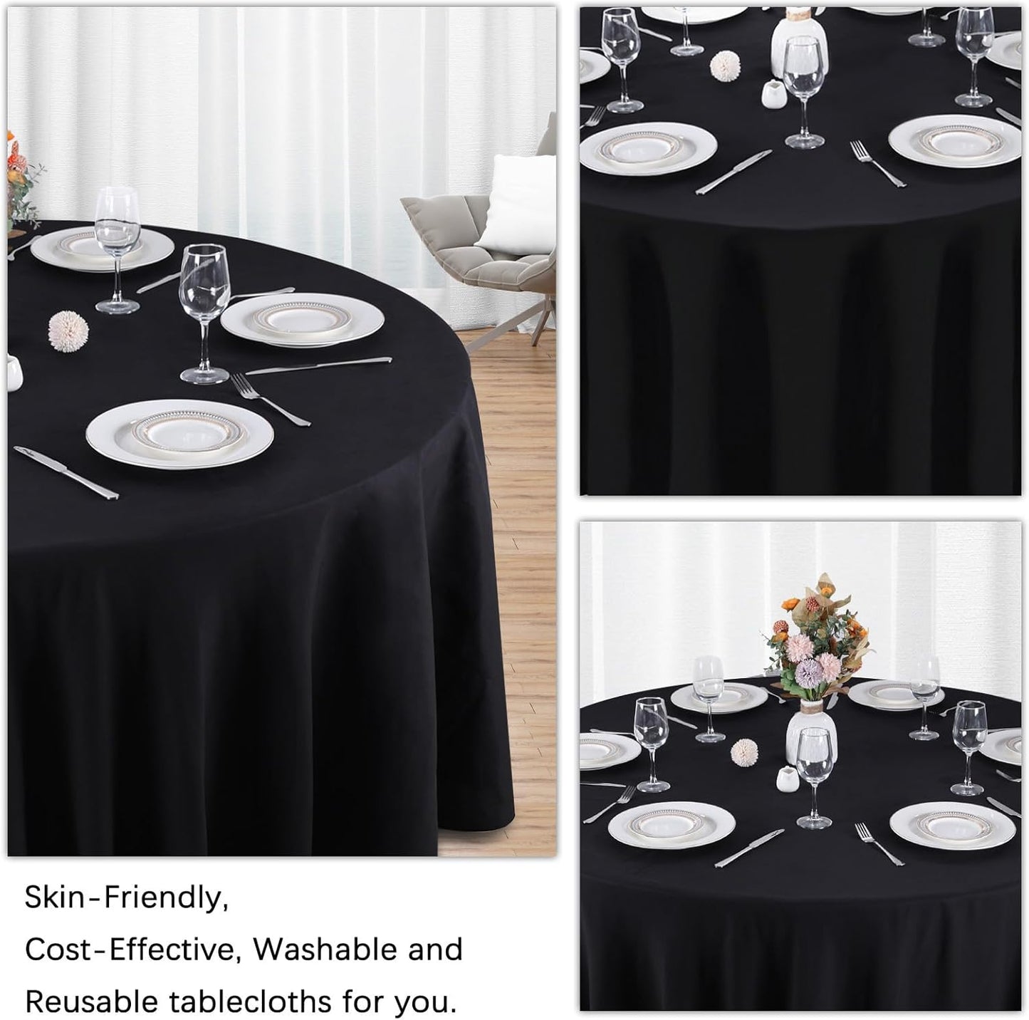 12 Pack Black Round Tablecloth 90 Inch Black Table Cloth Stain and Wrinkle Resistant Reusable and Washable Polyester Fabric Table Covers for Buffet Wedding Party and Banquet