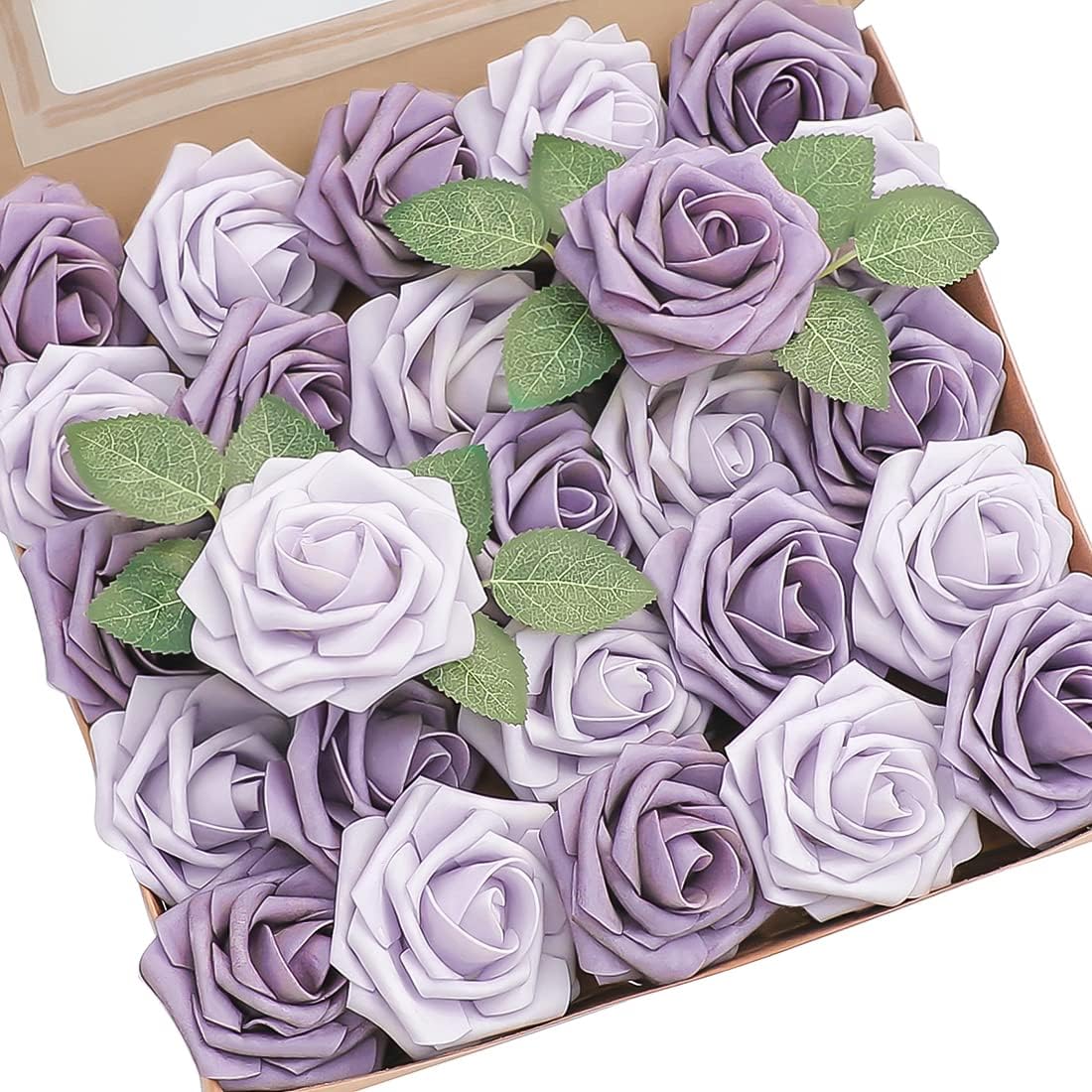 Floroom Artificial Flowers 25pcs Real Looking Lavender African Violet Purple Foam Fake Roses with Stems for DIY Wedding Bouquets Bridal Shower Centerpieces Floral Arrangements Party Tables Decorations