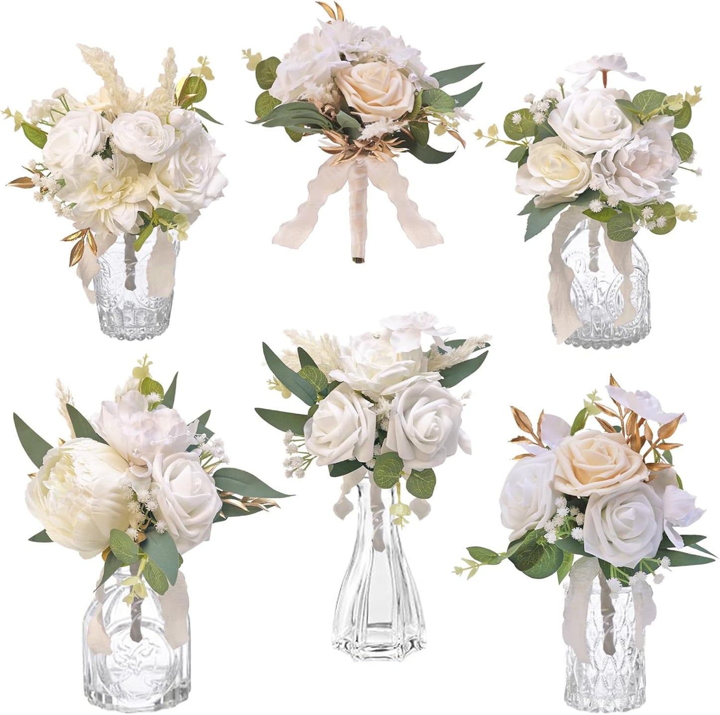 CherishedMoments Set of 6 Assorted Flower Centerpieces Mini Floral Wedding Flowers Set for Fall Wedding Table Centerpieces Decoration, White Bouquets and Home Decor