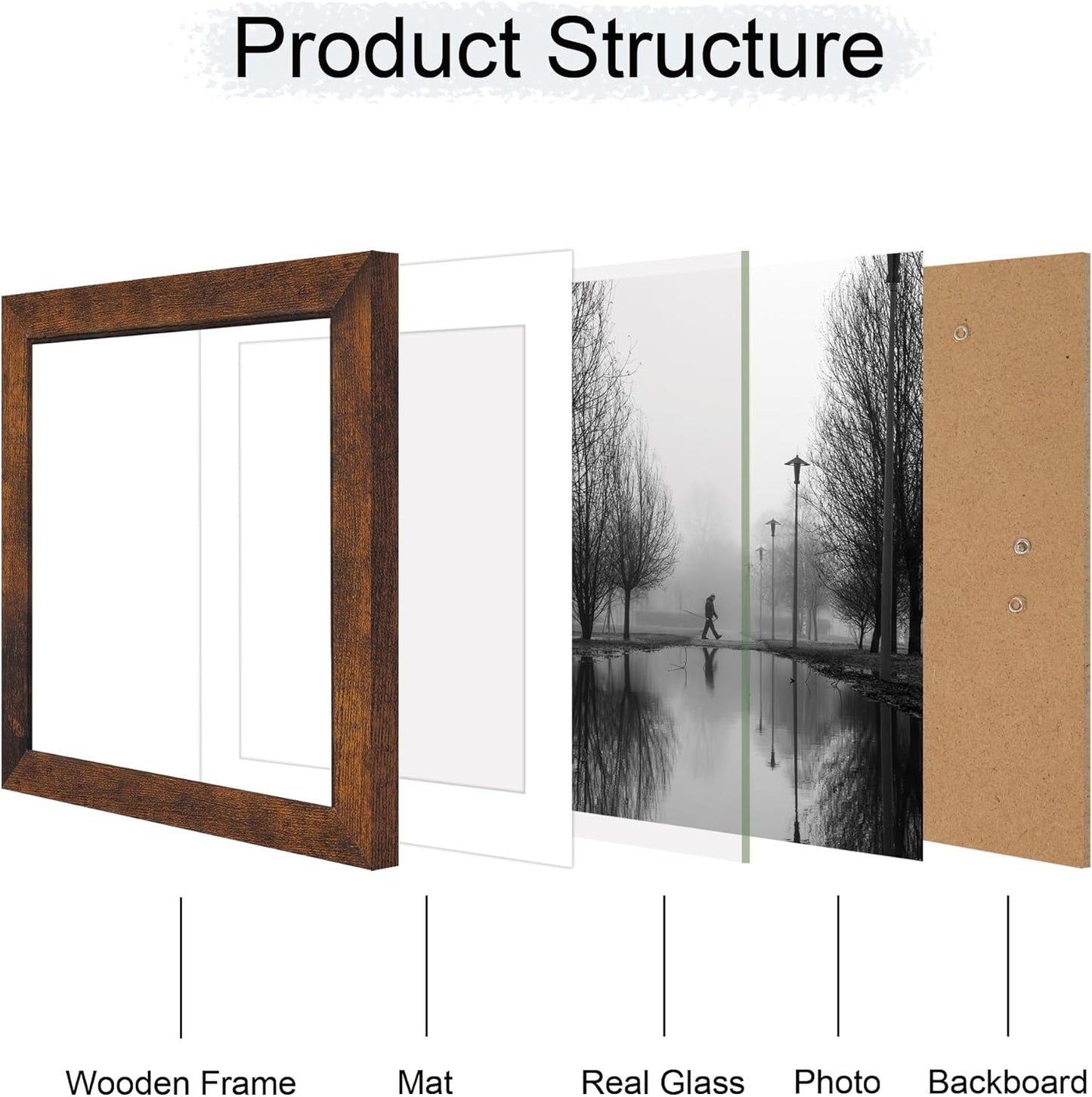 10x10 Picture Frame Set of 4 with Real Glass, Rustic Frames Display 8x8 Picture with Mat or 10 x 10 Without Mat, Wooden Square Photo Frame for Wall Mount and Tabletop Display