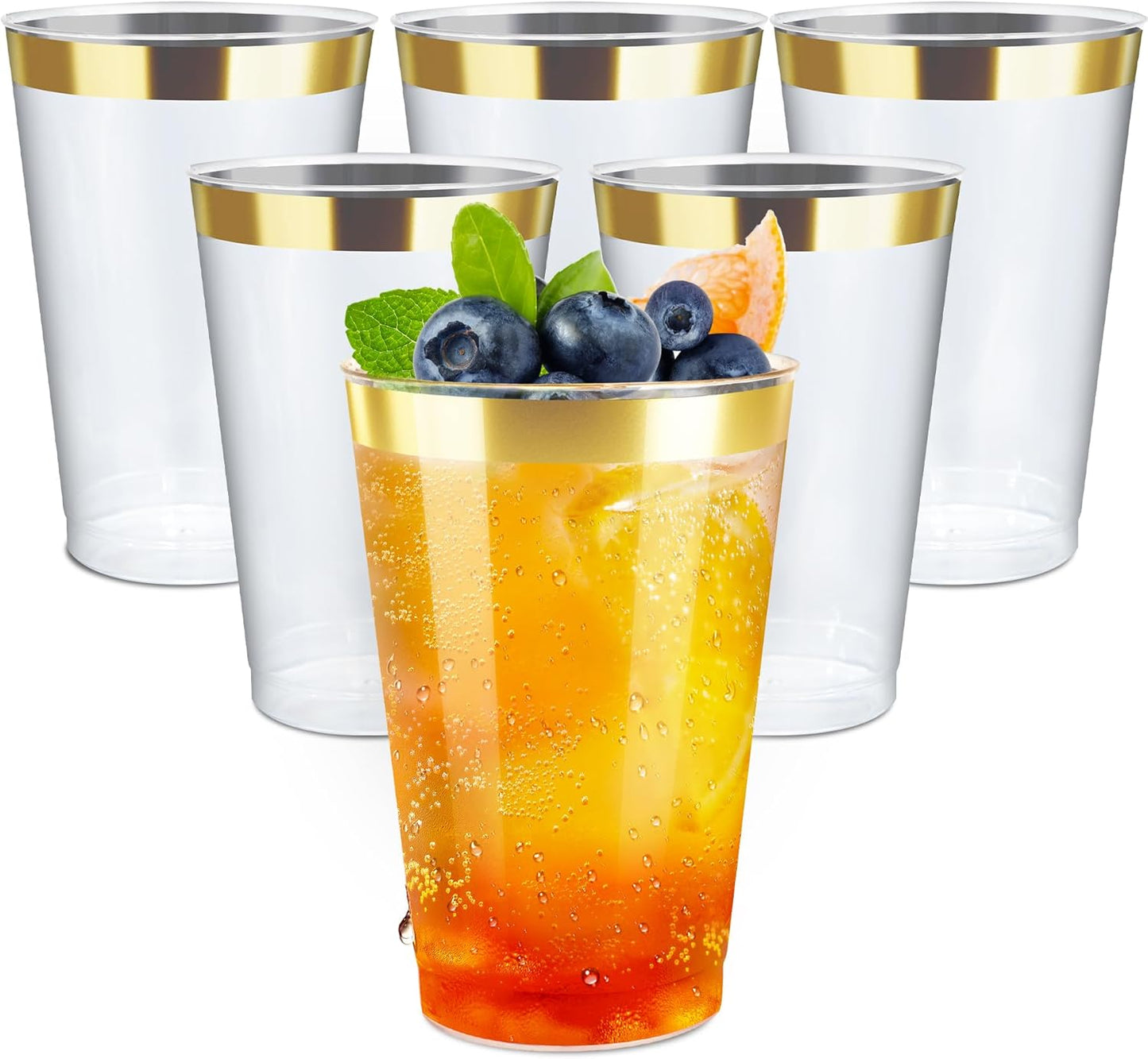 12OZ Plastic Cups with Gold Rimmed Sturdy & Food Safe Disposable Wine Glasses Weeding Party Cups Disposable Drinking Cups Plastic Cocktail Glasses for Wine, Juice & Cold Beverages [200 Pack]