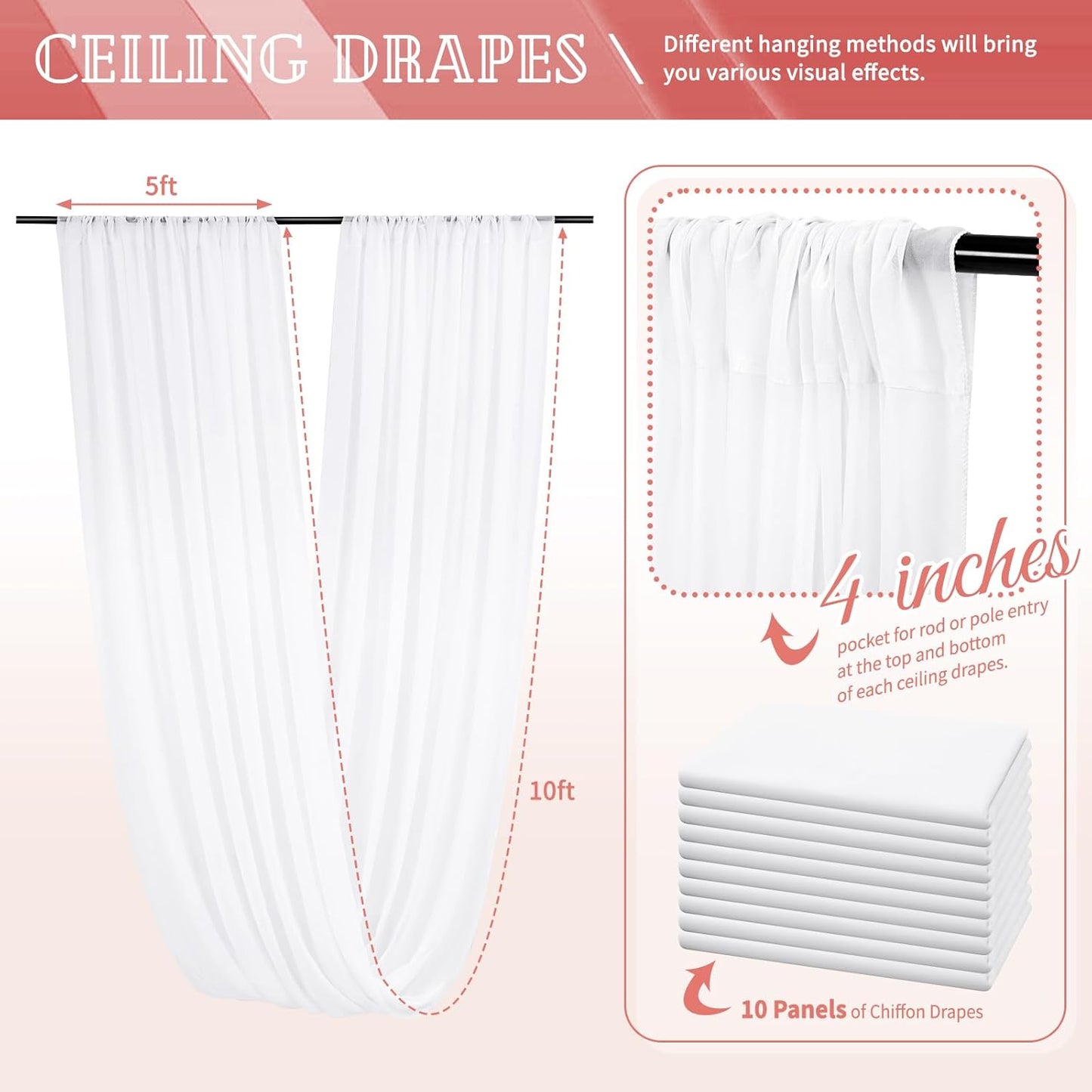 10 Panels White Ceiling Drapes for Wedding 5ftx10ft Sheer Drapery Chiffon Fabric Arch Draping Curtains for Party Ceremony Birthday Baby Shower Reception Stage Ceiling Decorations