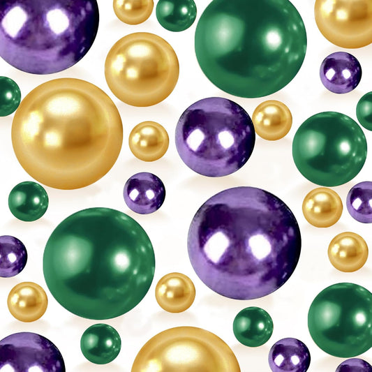 150Pcs Gold&Green&Dark Purple Polished Mardi Gras Beads for Vase Filling Decorations, Plastic Pearls Vase Fillers, Table Scatters, Mardi Gras Party, Home Decor, 8/14/20 mm