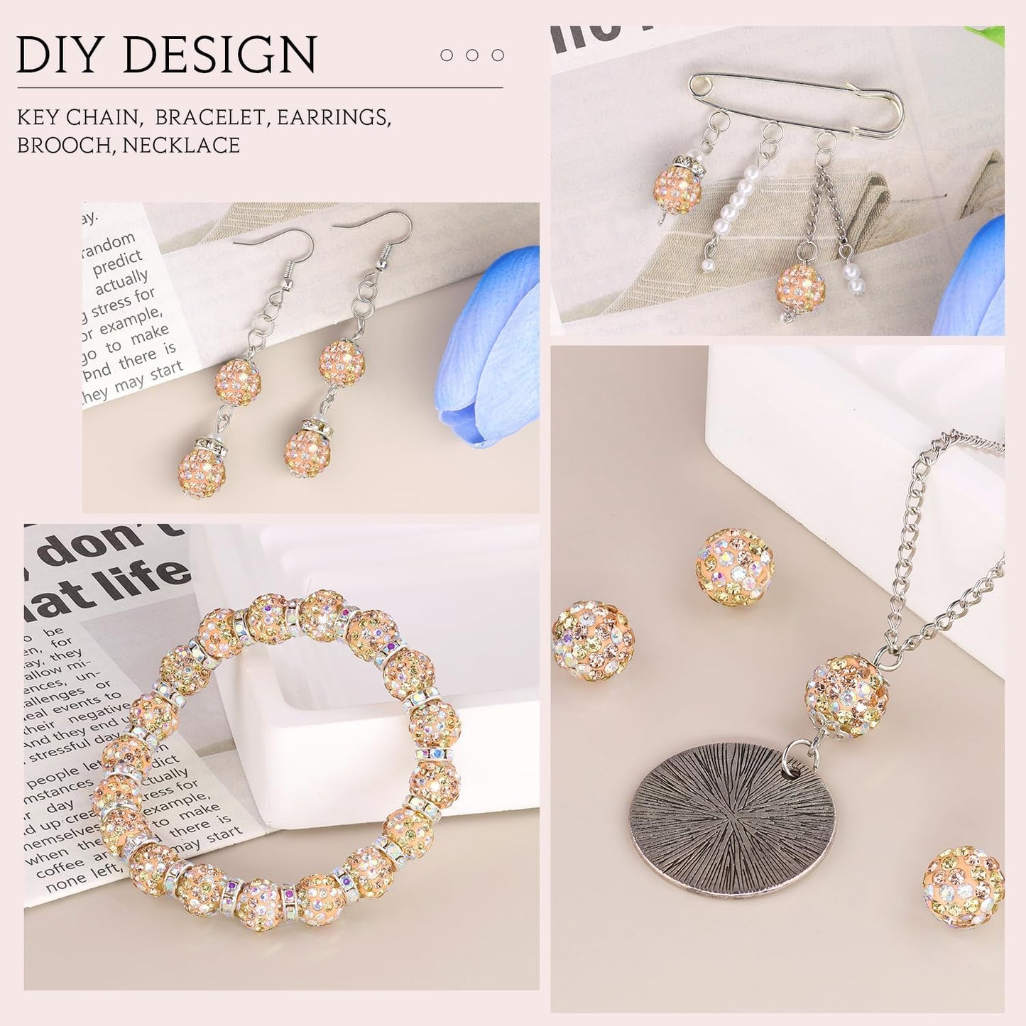 100pcs 10mm Rhinestone Beads for Jewelry Making, Light Peach AB Shiny Round Shamballa Disco Beads Bulk, Sparkle Crystal Clay Christmas for Bracelet Baseball Necklace Earring Crafting and DIY