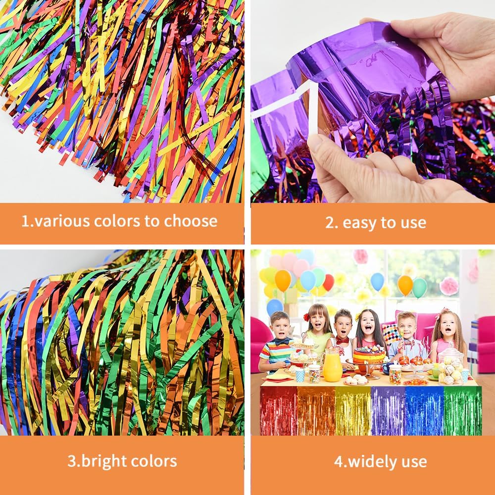 BEISHIDA 2 Pack Metallic Tinsel Foil Fringe Table Skirts for Rectangle & Round Tables Red, Blue, White Kids' Birthday, Holiday Cartoon Party Decorations Birthday, July 4th, Baby Shower, Festive Events