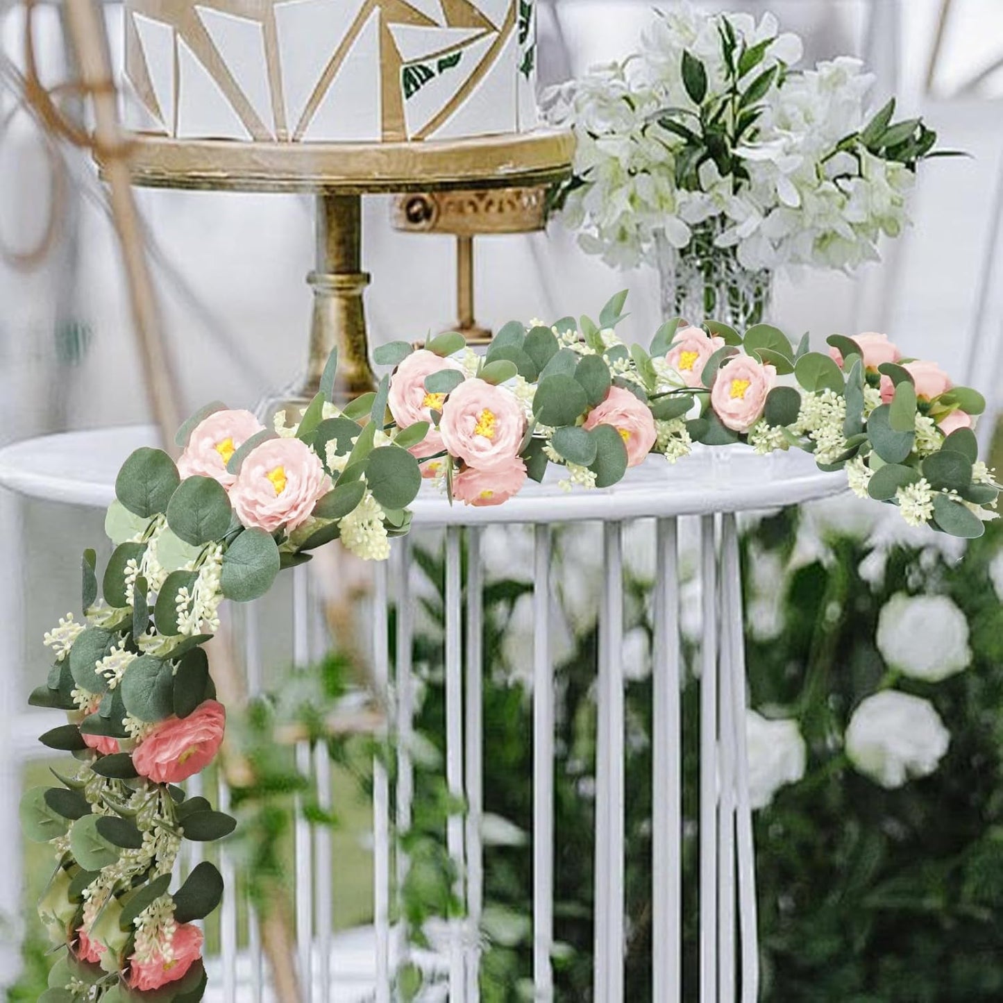 MAKHOT 2 Pcs Pink 6.6Ft Artificial Eucalyptus Flower Garland with Fake Rose Flower Vine Seeded Eucalyptus Leaves Greenery Garland for Wedding Table Backdrop Party Centerpiece Room Decor (Pink)