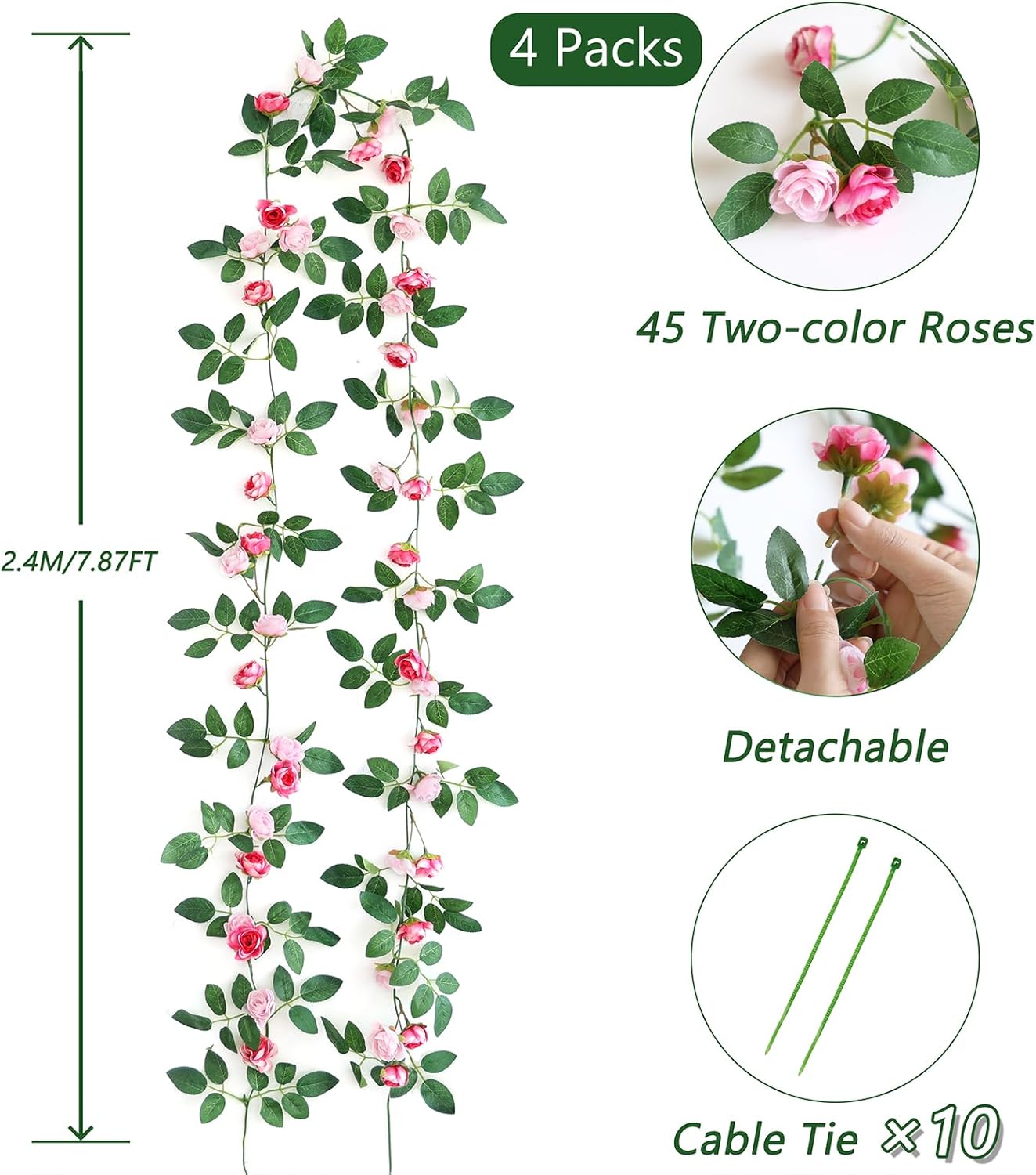 4 Packs Artificial Rose Garland: 31.48Ft Each Fake Flower Vine with Improved Color & 10 Ties for Wedding Arch Backdrop, Home Wall Party Decor, Christmas Decor, Pink