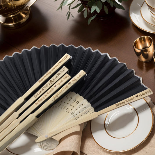 128Pcs Personalized Silk Fans Folding Hand Fan, Custom Wedding Bridal Party Favors, Summer Wedding Bride, Wedding Gift, Thank You Gift (Black)