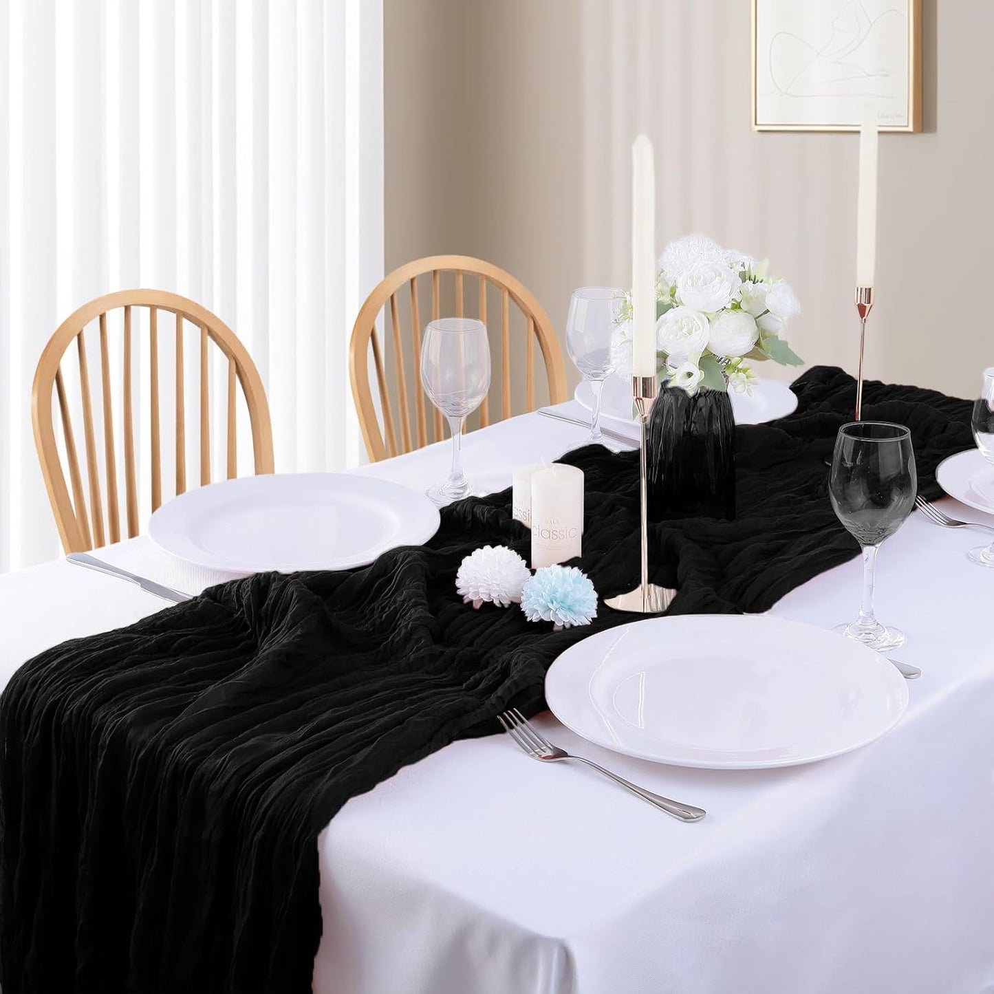 16PCS Black Cheesecloth Table Runner 10FT 35x120Inch Boho Gauze Cloth Long Rustic Sheer for Wedding Party Baby Bridal Shower Decor