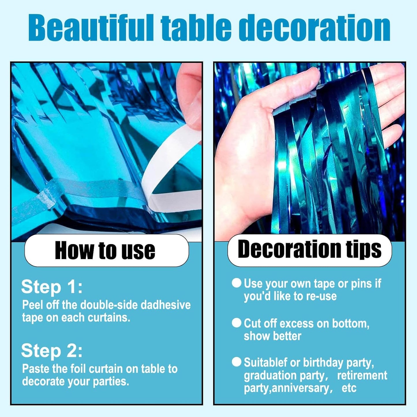 3 Pack 29 x108 Inch Lake Blue Foil Fringe Table Skirts Metallic Banner for Tinsel Streamer Garland Backdrop for Parade Floats Wedding Thanksgiving Birthday Christmas New Year Party Decoration