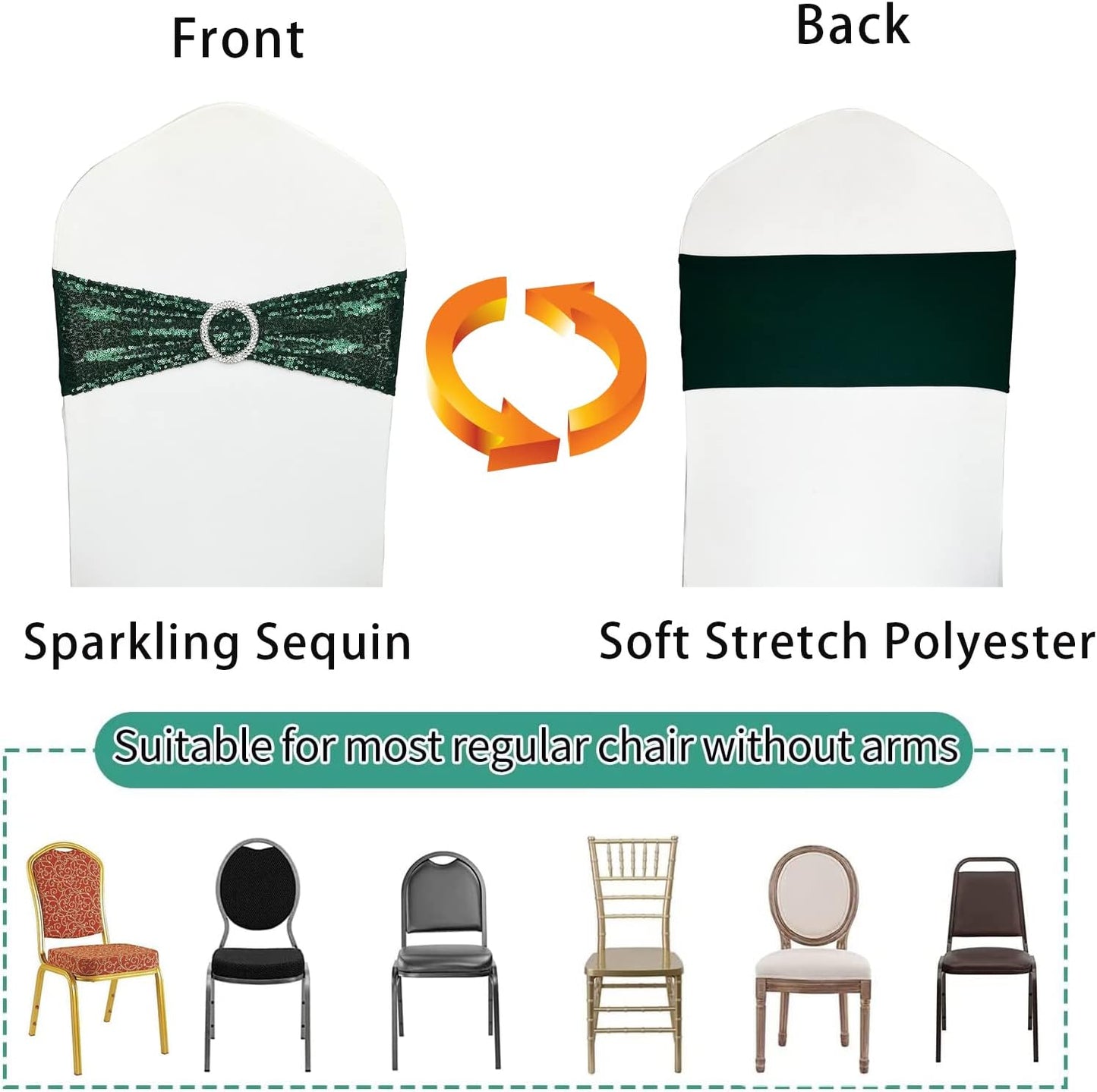 100 Pcs Chair Sashes Sequin Stretch Chair Bands Dark Green Spandex Polyester Bows for Party Hotel Wedding Banquets Decoration - Hunter Emerald Green
