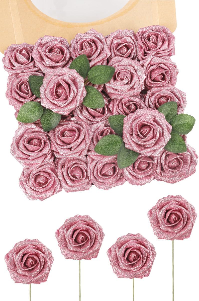 N&T NIETING Artificial Flowers Glowing Dark Pink Flowers Foam 25pcs Glitter Roses Real Looking Fake Roses with Stem for DIY Wedding Bouquets Centerpieces Bridal Shower Party Home Decorations