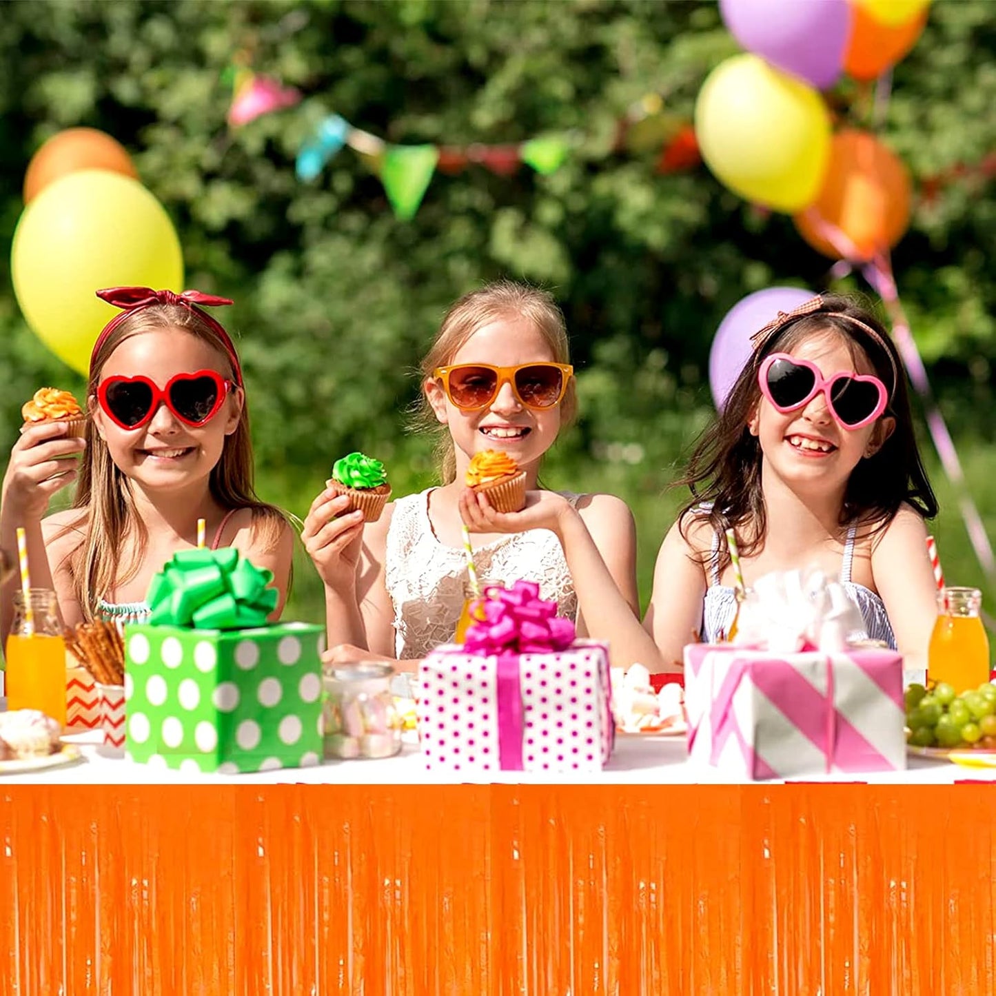 4 Pack 29x108 Inch Metallic Foil Fringe Tinsel Table Skirts for Rectangle Tables Streamer Backdrop for Wedding, Birthday, Parade Floats, Christmas, Halloween Party Decoration(New Orange)