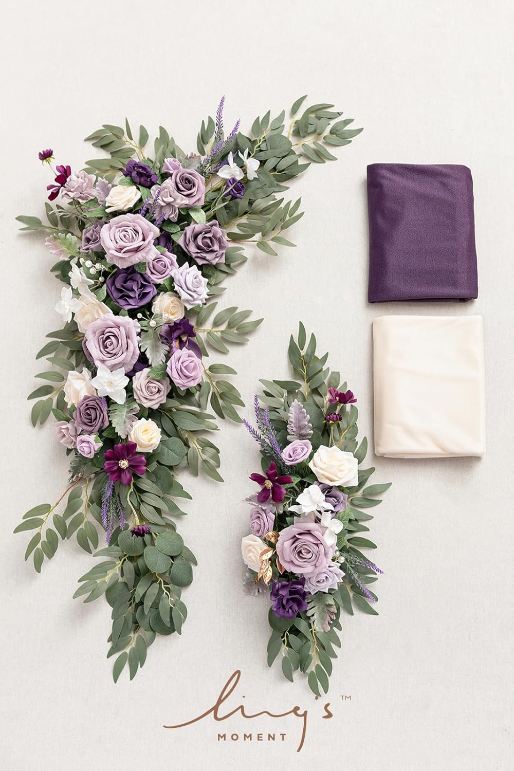 Ling's moment Purple Lilac Artificial Wedding Arch Flowers Kit Pack of 4, 2pcs Hanging Flower Arrangement 2pcs Chiffon Drapes Ceremony Reception Fake Rose Arbor Backdrop Floral Party Outdoor Decor