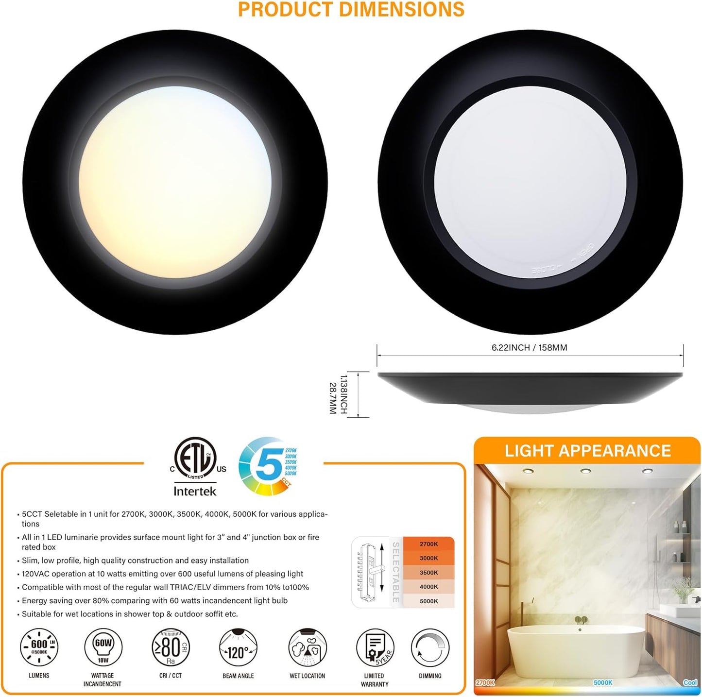 10 Packs 4 Inch Black LED Low Profile Recessed & Surface Mount Disk Light, Round, 10W, 600 Lumens, 5CCT Field Selectable, CRI80, DOB Design, Dimmable, ETL Listed