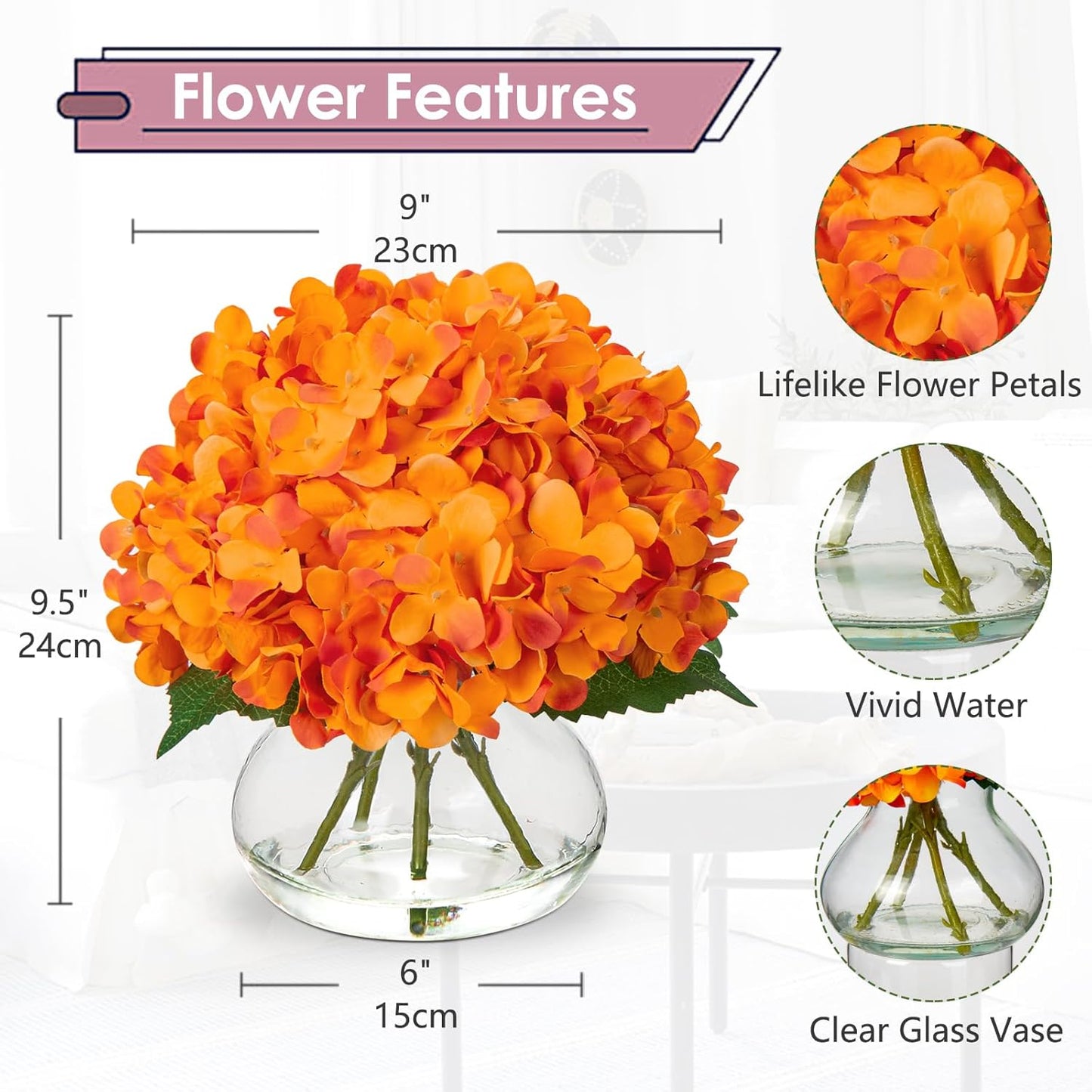 Hollyone Hydrangea Artificial Flowers in Vase Orange Silk Fake Flowers Arrangements with Glass Vase with Faux Water Faux Floral Bulk Bouquet for Office Table Centerpiece Shelf Home Decoration